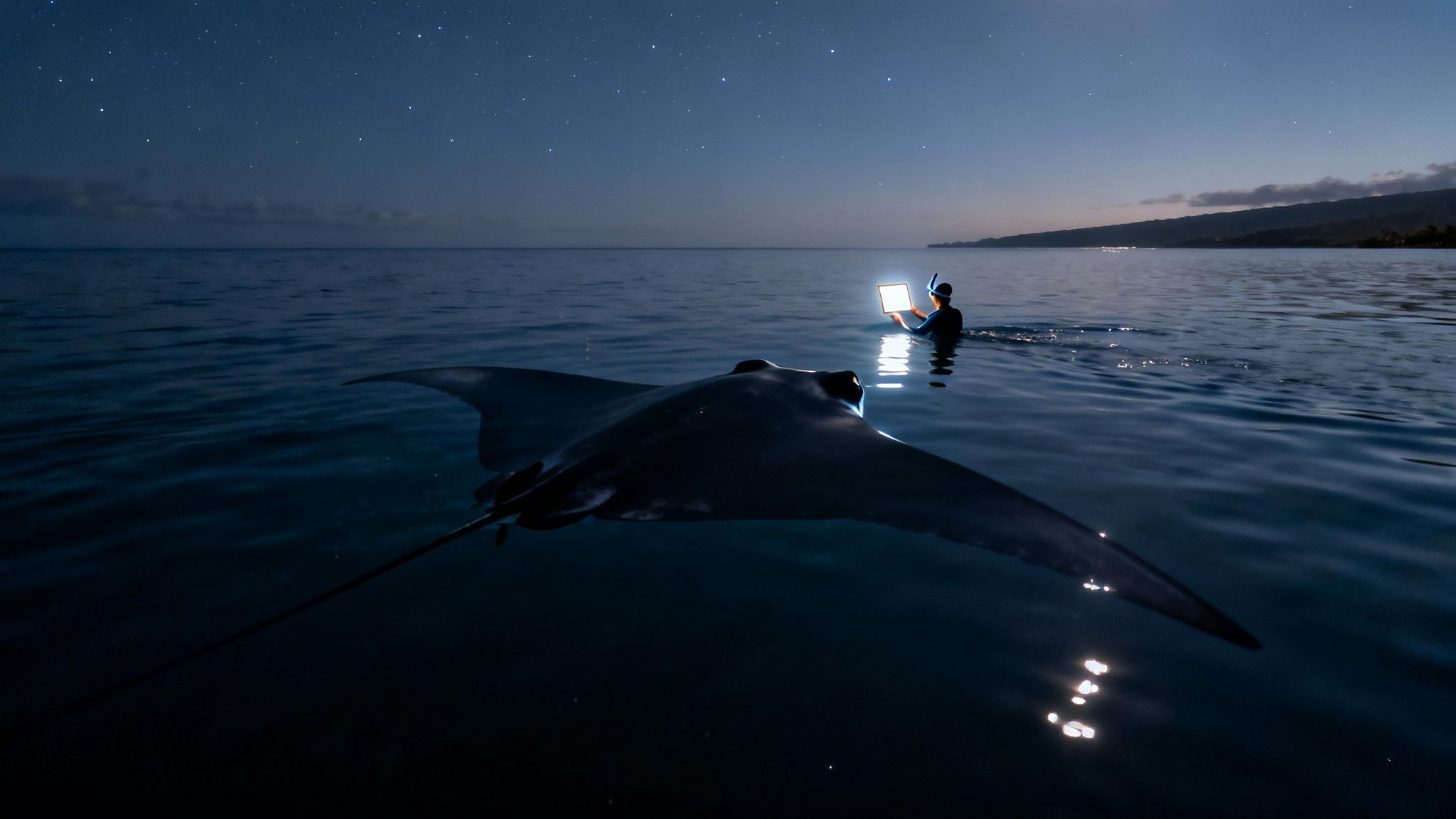 Stunning night scene of a snorkeler illuminating a giant manta ray in calm ocean water.