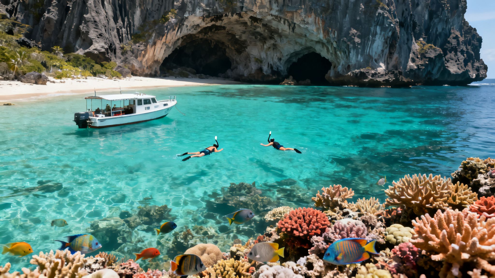 Two people snorkeling in clear turquoise water near a boat, vibrant coral reef, and rocky cliffs.