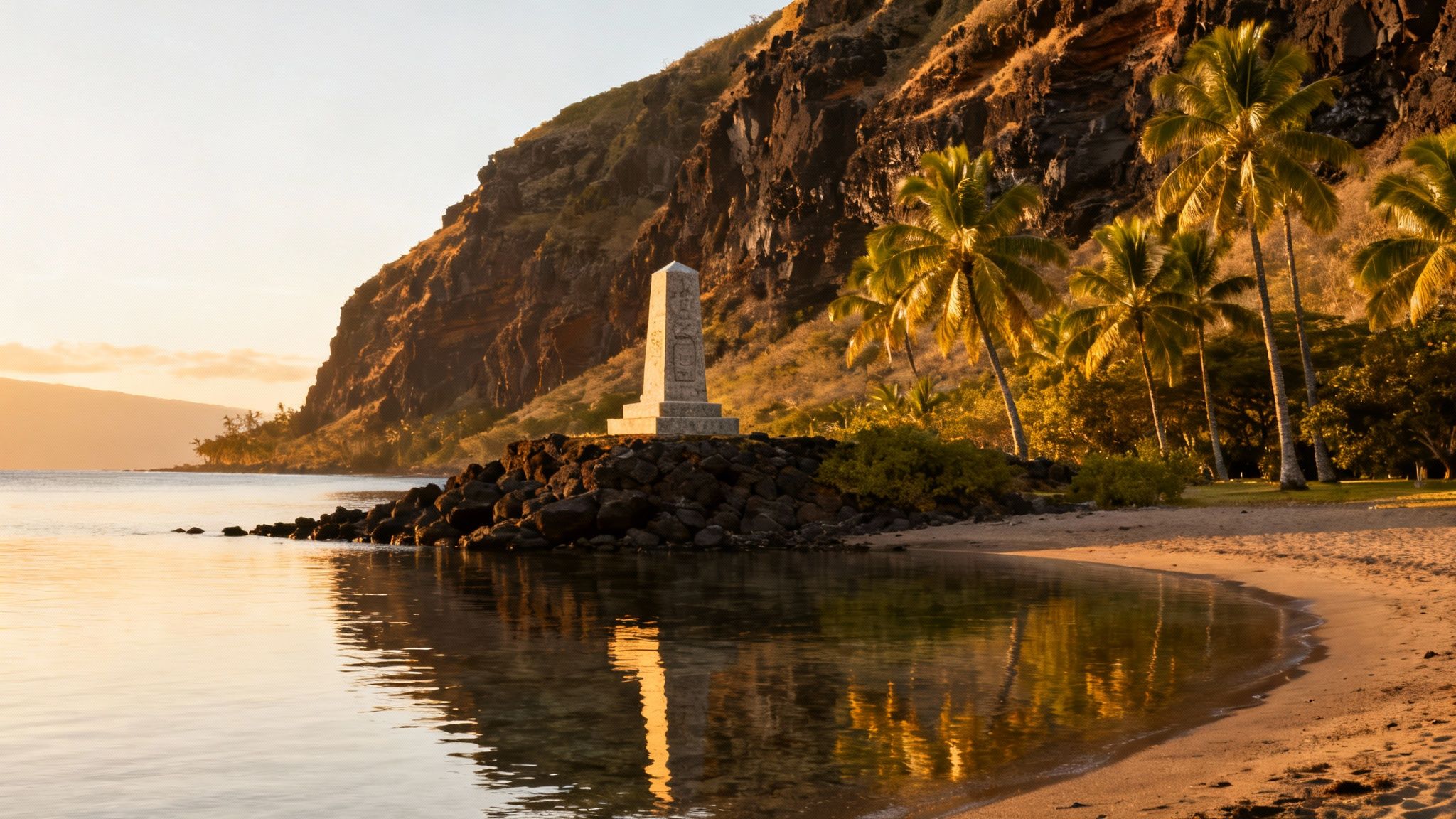 Golden hour at a Hawaiian bay with a monument, palm trees, and calm water reflecting the light.
