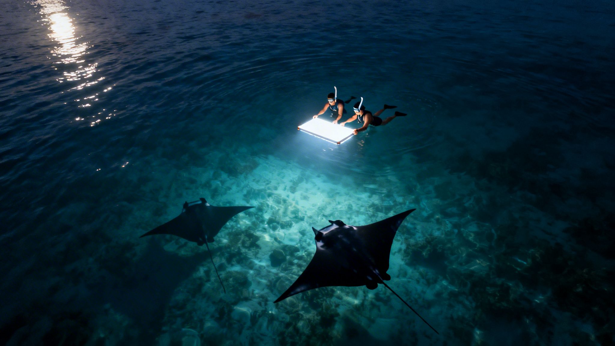 Two snorkelers illuminate the clear ocean water with a bright panel, attracting two manta rays at night.