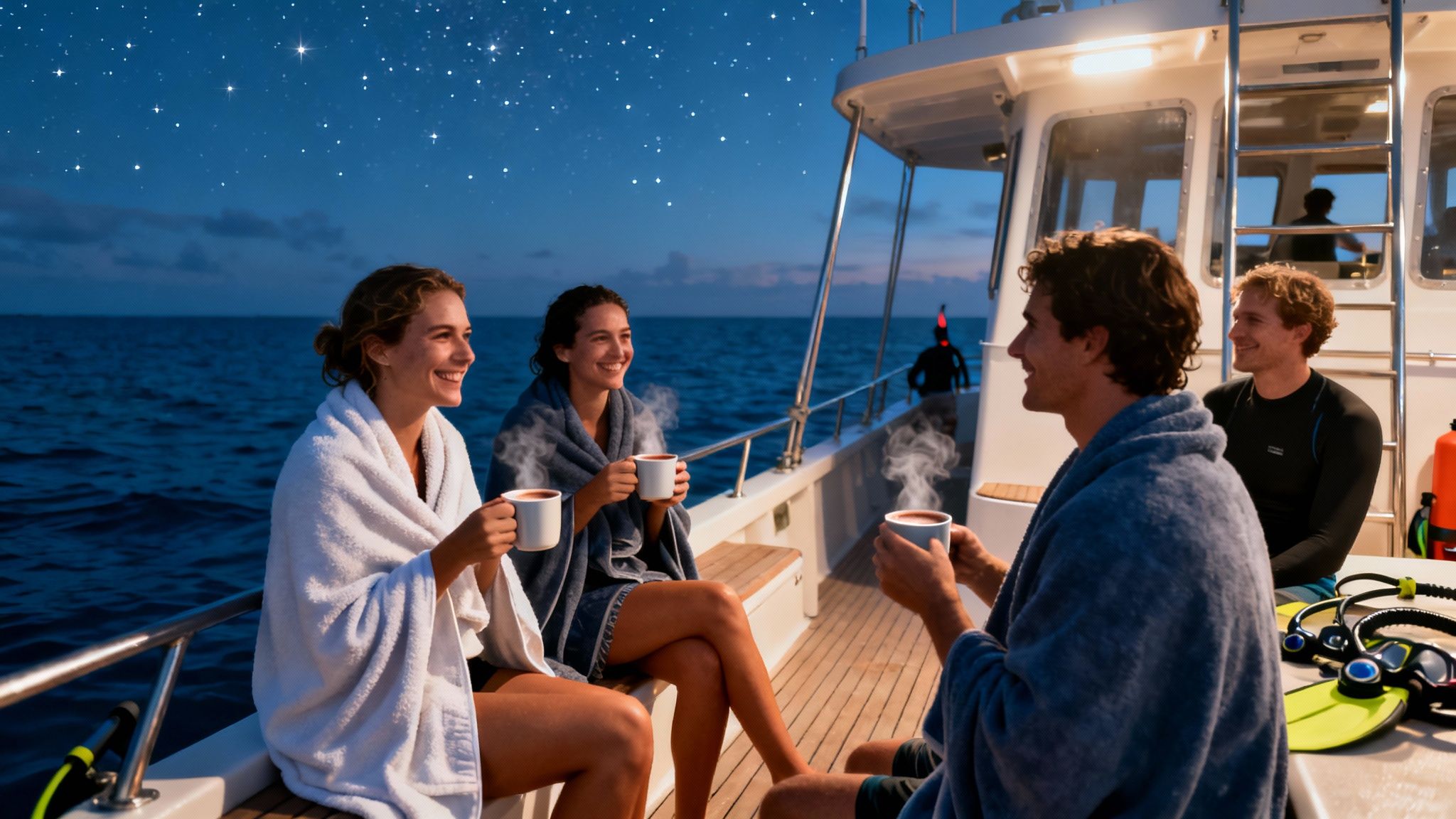 Happy people wrapped in towels enjoy hot drinks on a boat deck at night.