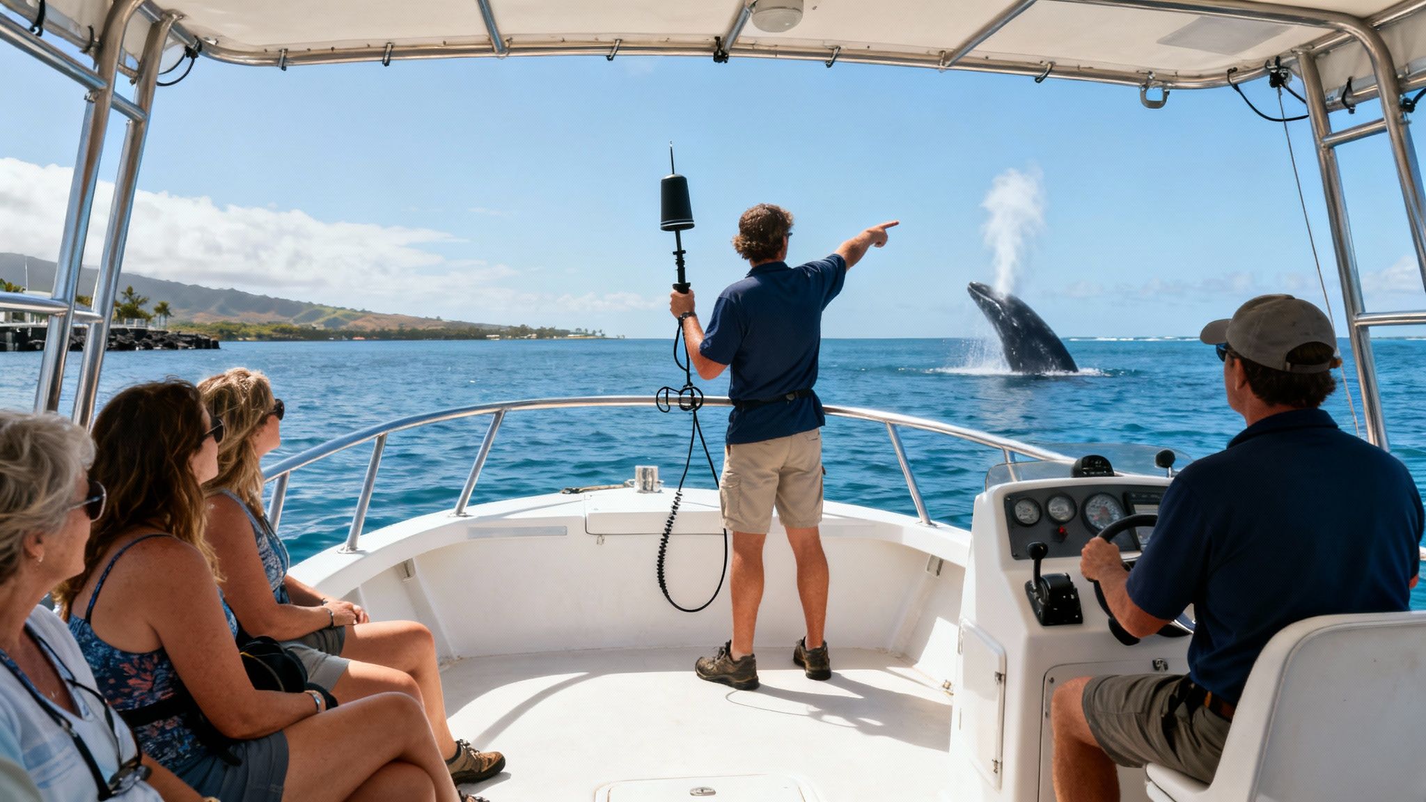 People on a whale watching tour boat observing a large whale spouting water.