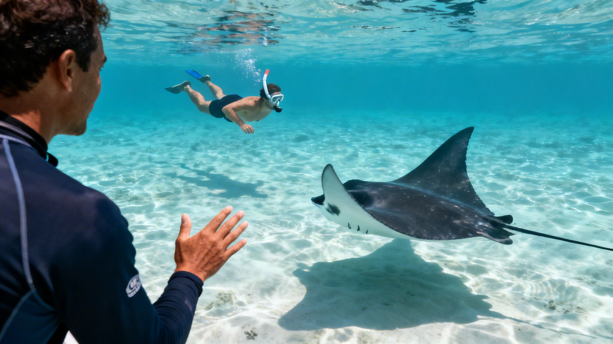 Two men snorkeling with a large manta ray in clear blue Hawaiian waters.