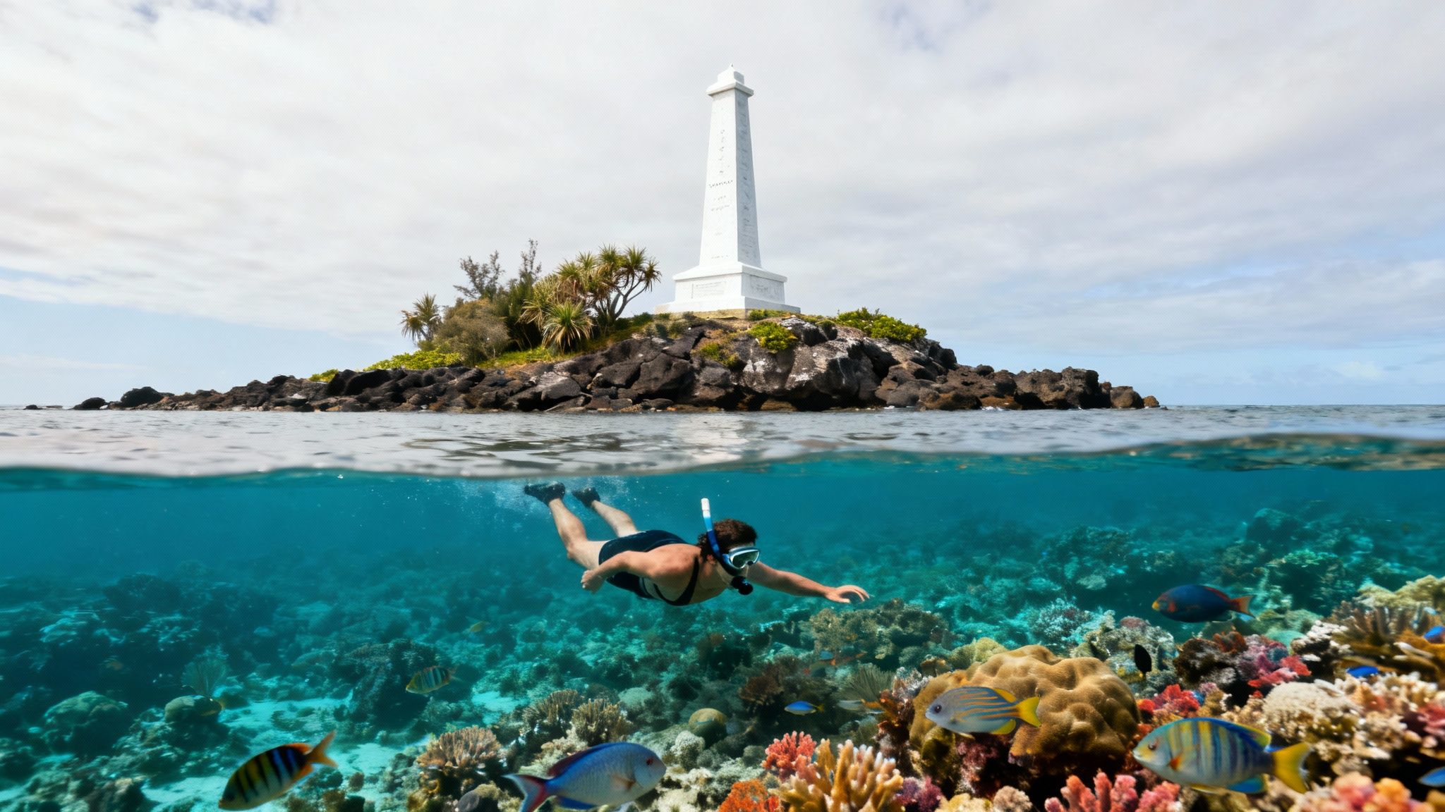 Snorkeler exploring vibrant coral reef near Captain Cook Monument in crystal clear Hawaiian waters