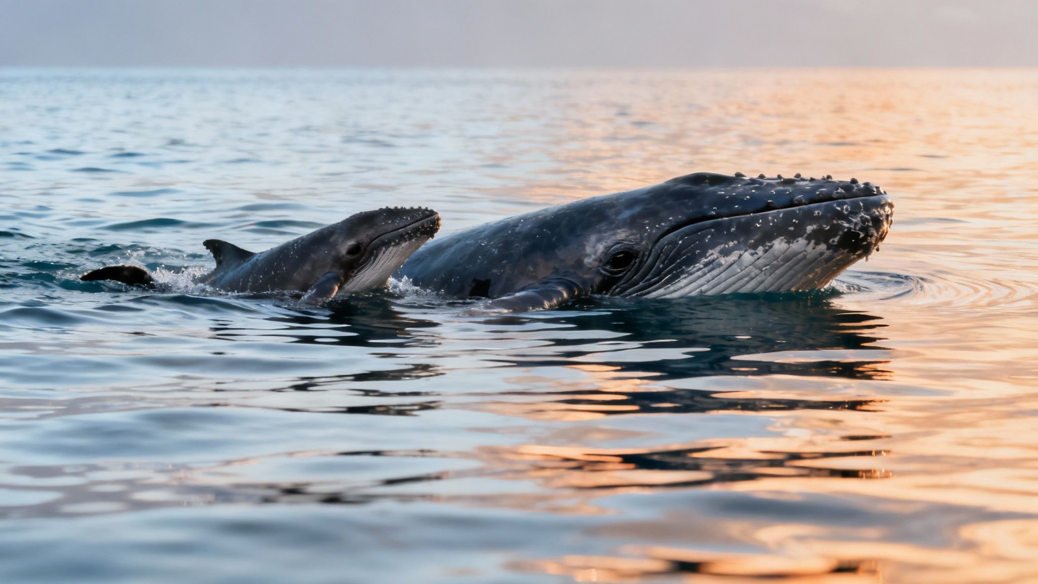 A majestic humpback whale and its calf swim gracefully together in the ocean at sunset.