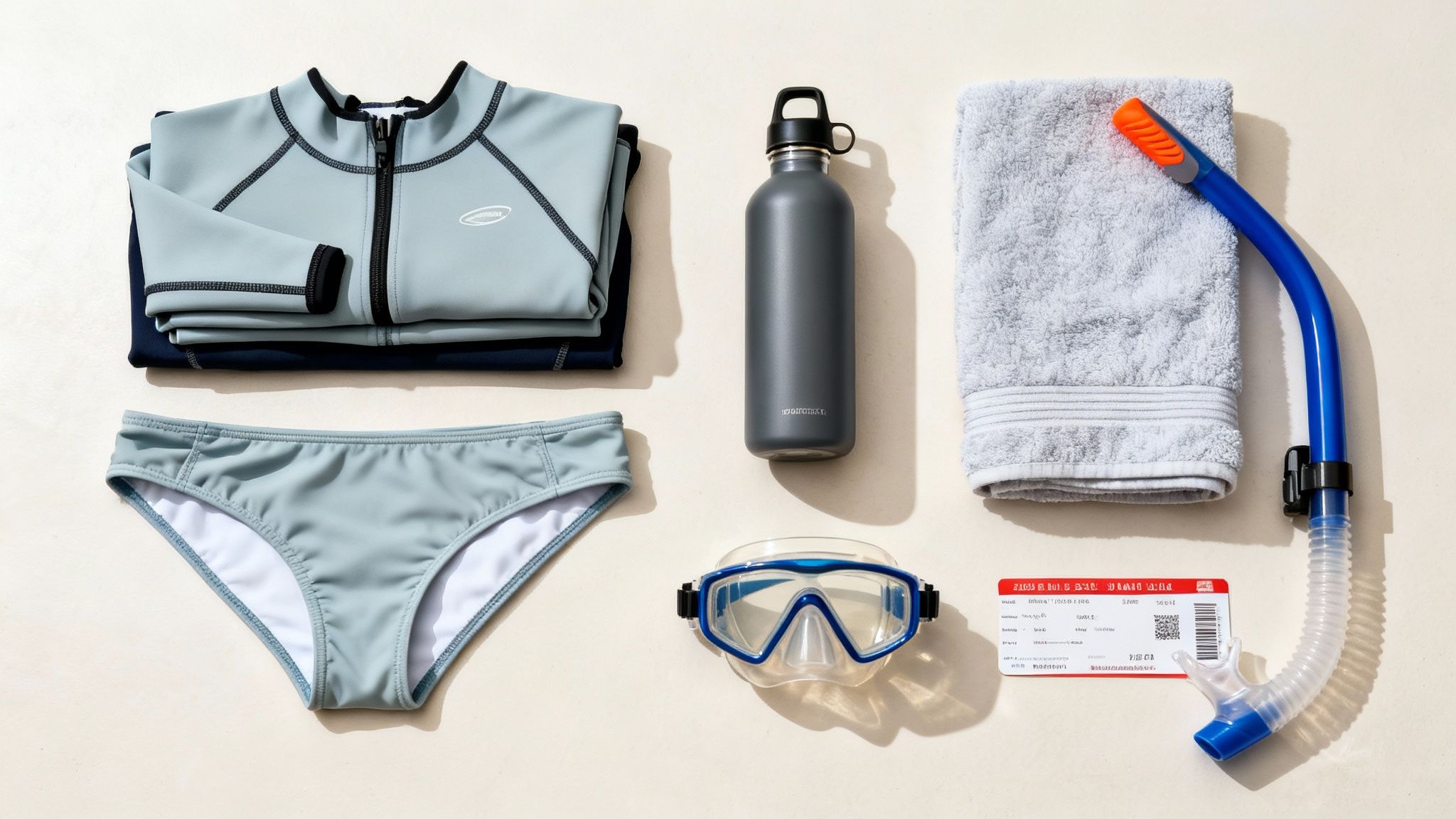 Travel essentials for a tropical vacation: swimwear, snorkel gear, towel, water bottle, and a boarding pass.