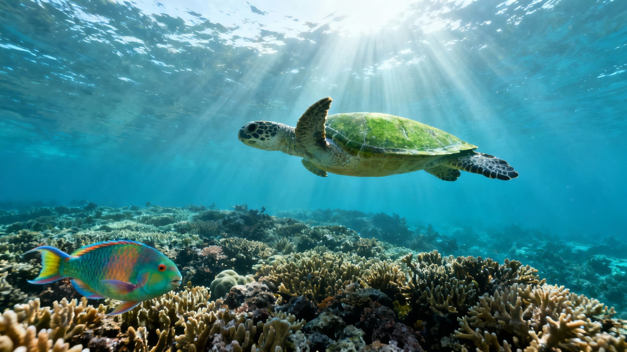 Vibrant reef with green sea turtles and corals