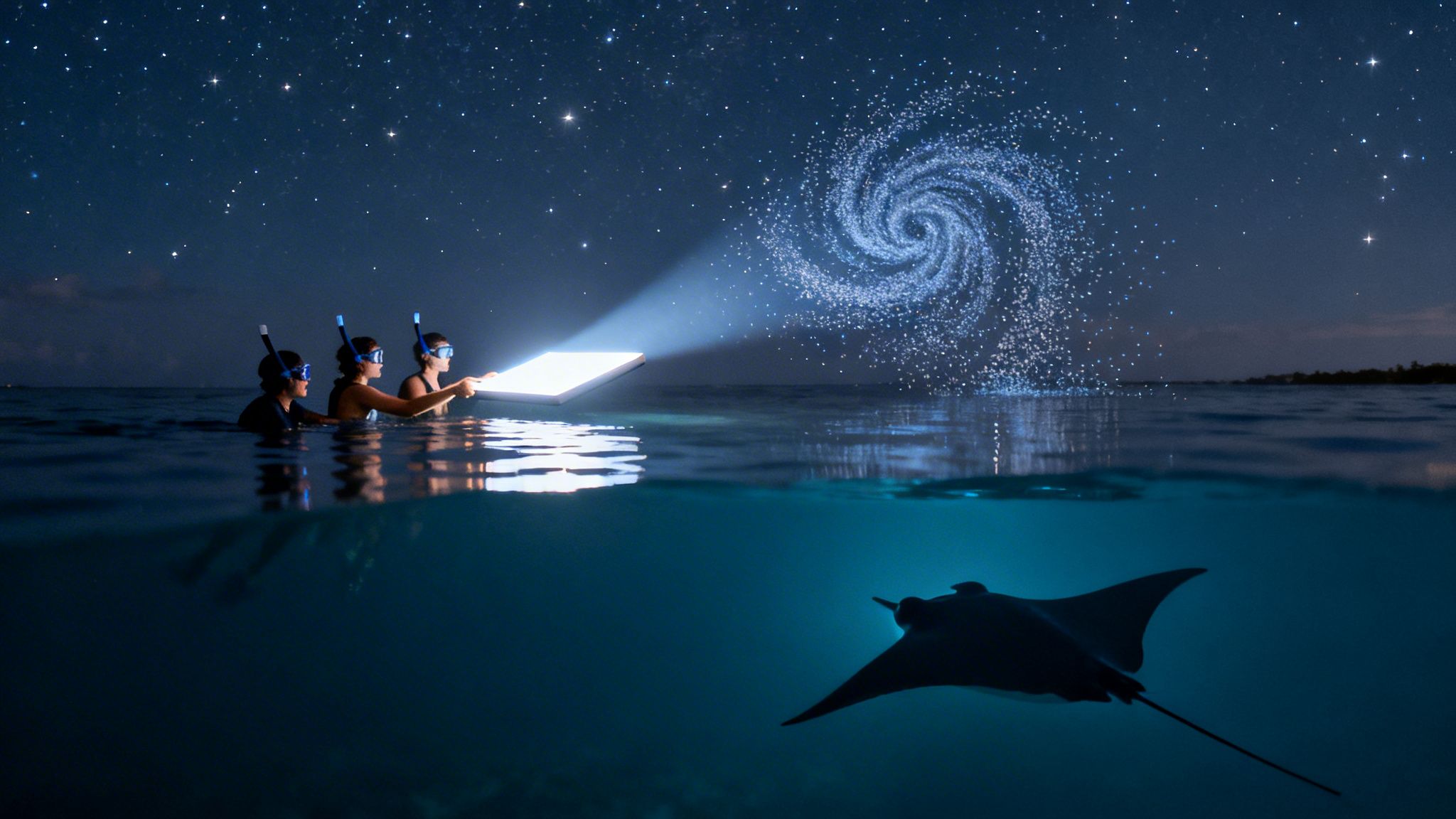 Three people snorkeling at night, projecting a glowing galaxy from a tablet into a starry sky, with a manta ray below.