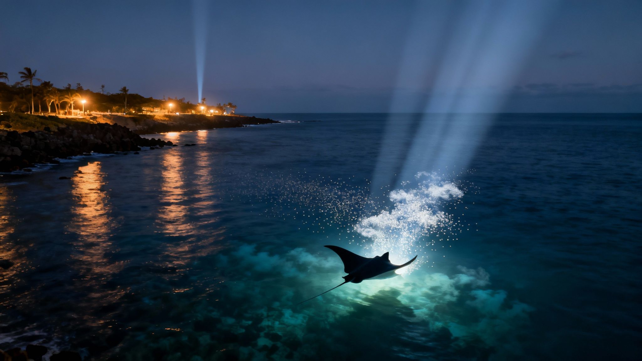 Manta ray swims at night in illuminated ocean water near a tropical coastline with palm trees.