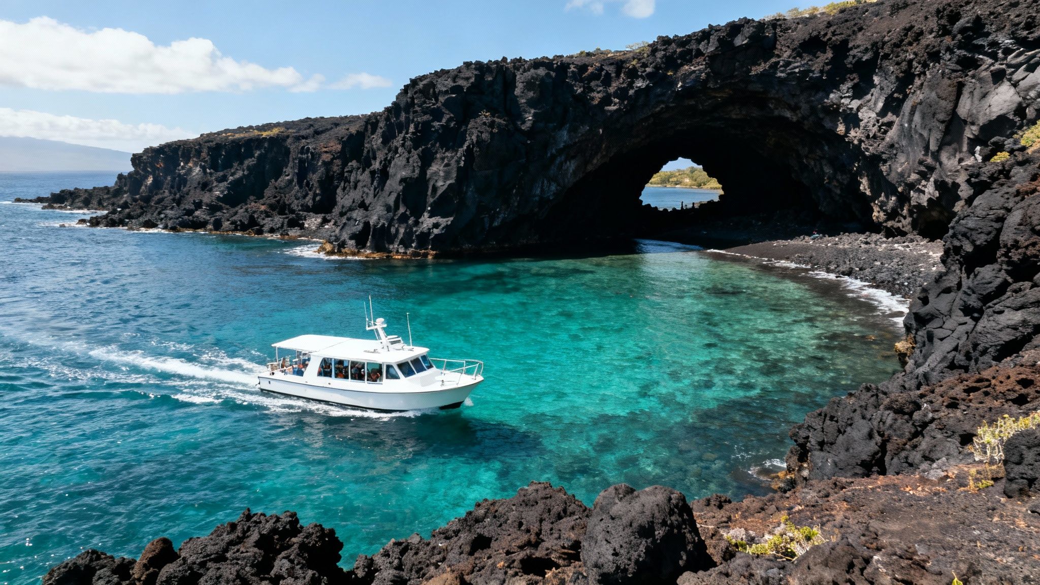 White boat in turquoise waters near black volcanic cliffs with a large ocean cave.