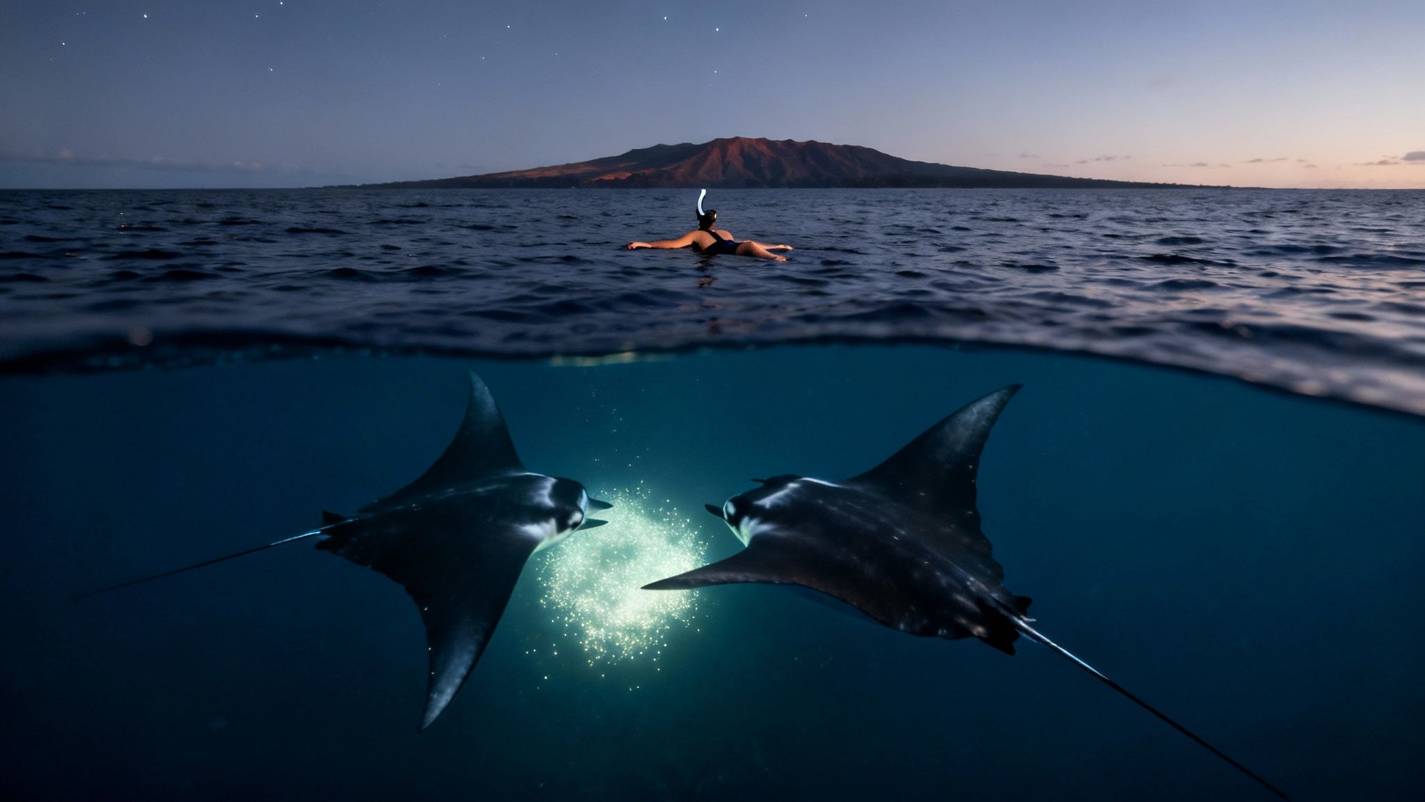 Split view: snorkeler under a starry sky and manta rays swimming towards light underwater.