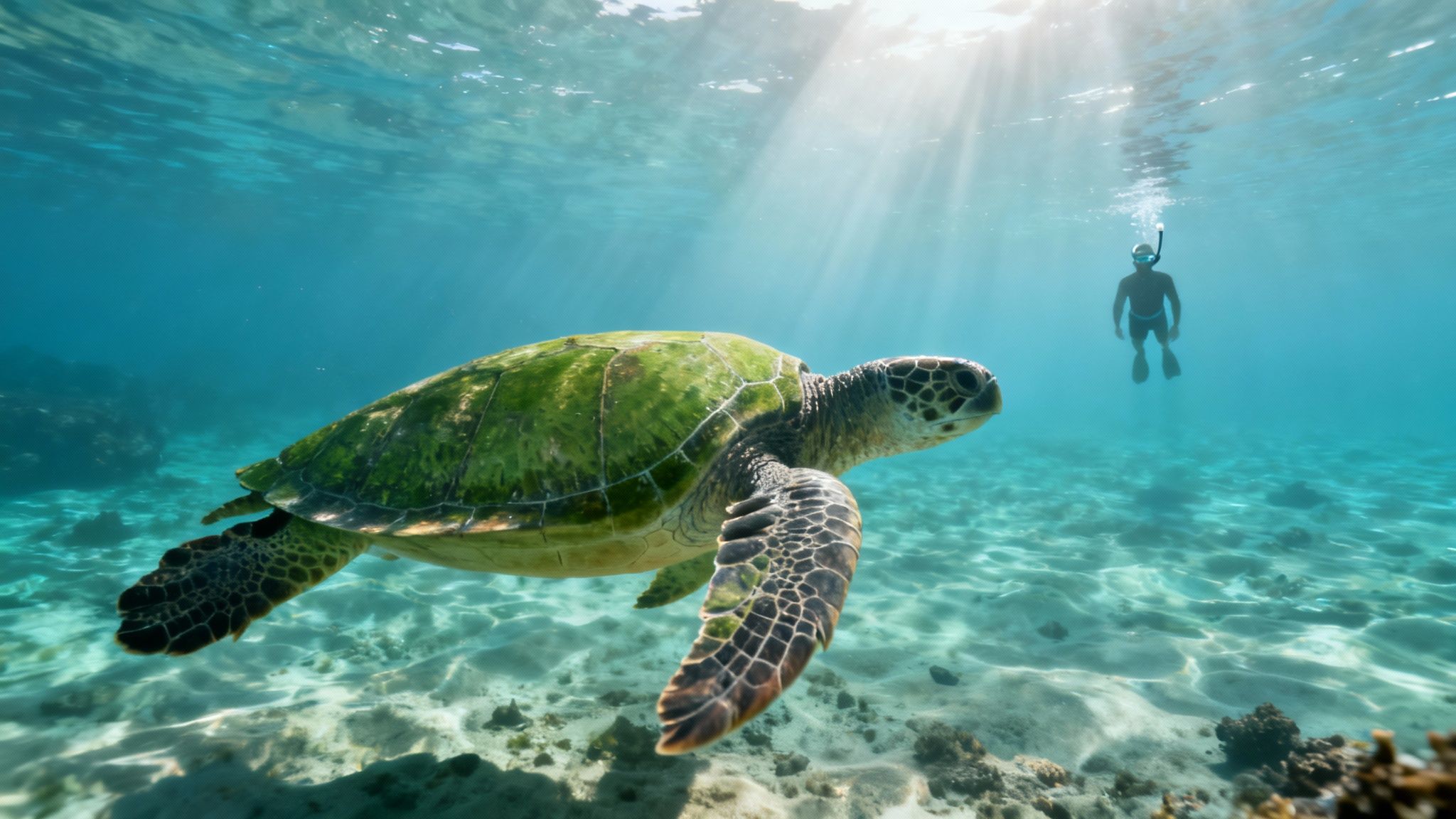 A large green sea turtle swims gracefully underwater with sun rays and a snorkeler in the background.