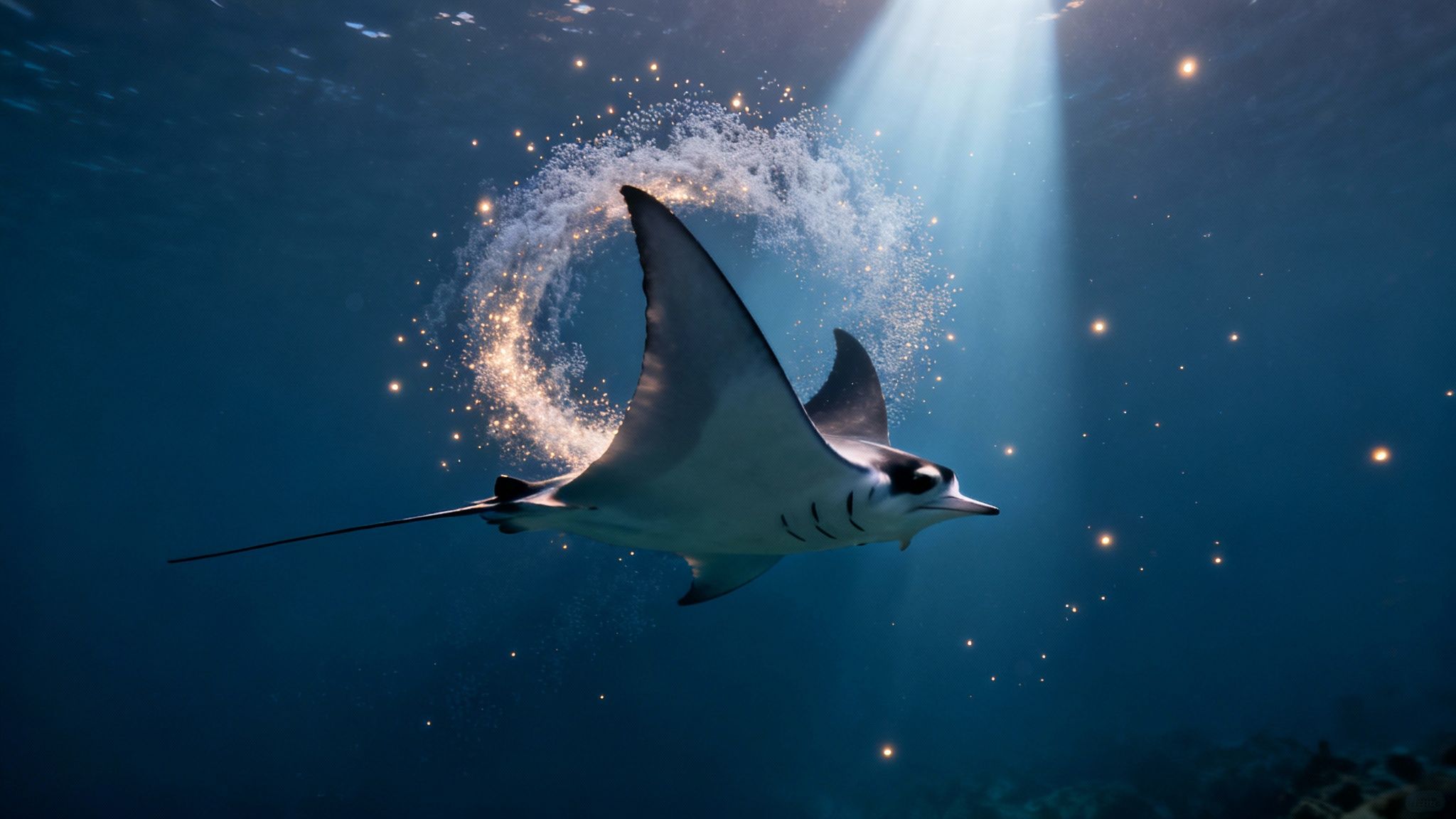 A majestic manta ray swims gracefully underwater, surrounded by glowing particles and a ray of light.