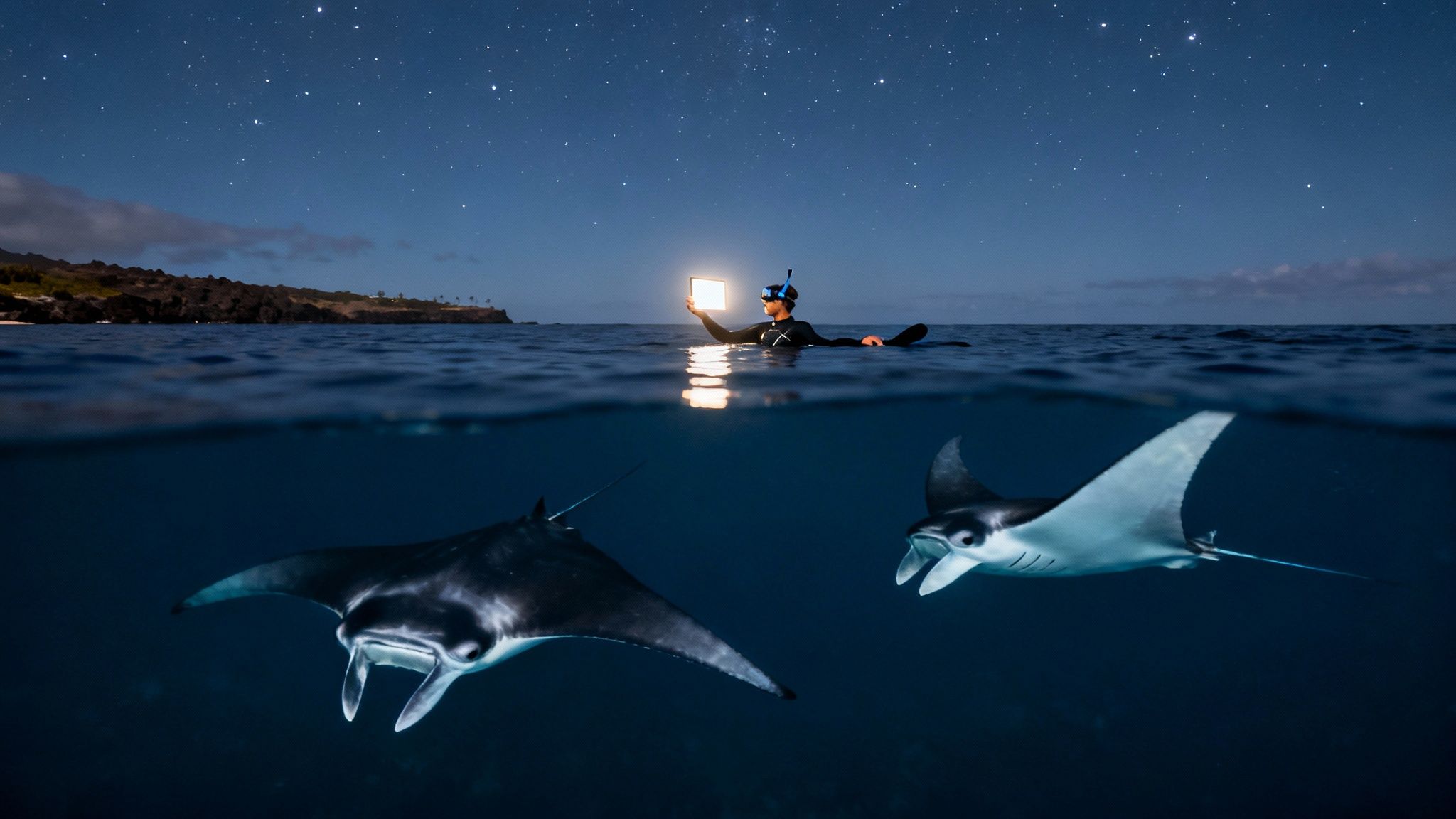 Snorkeler with underwater light observing two manta rays gliding beneath ocean surface at night