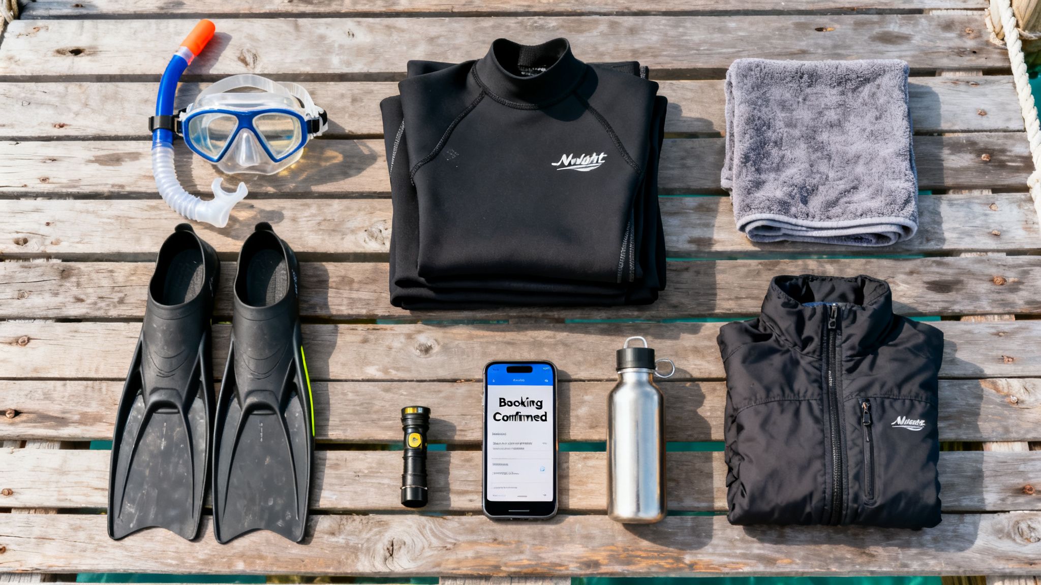 A flat lay of snorkeling gear, clothing, and travel essentials laid out on a wooden dock.