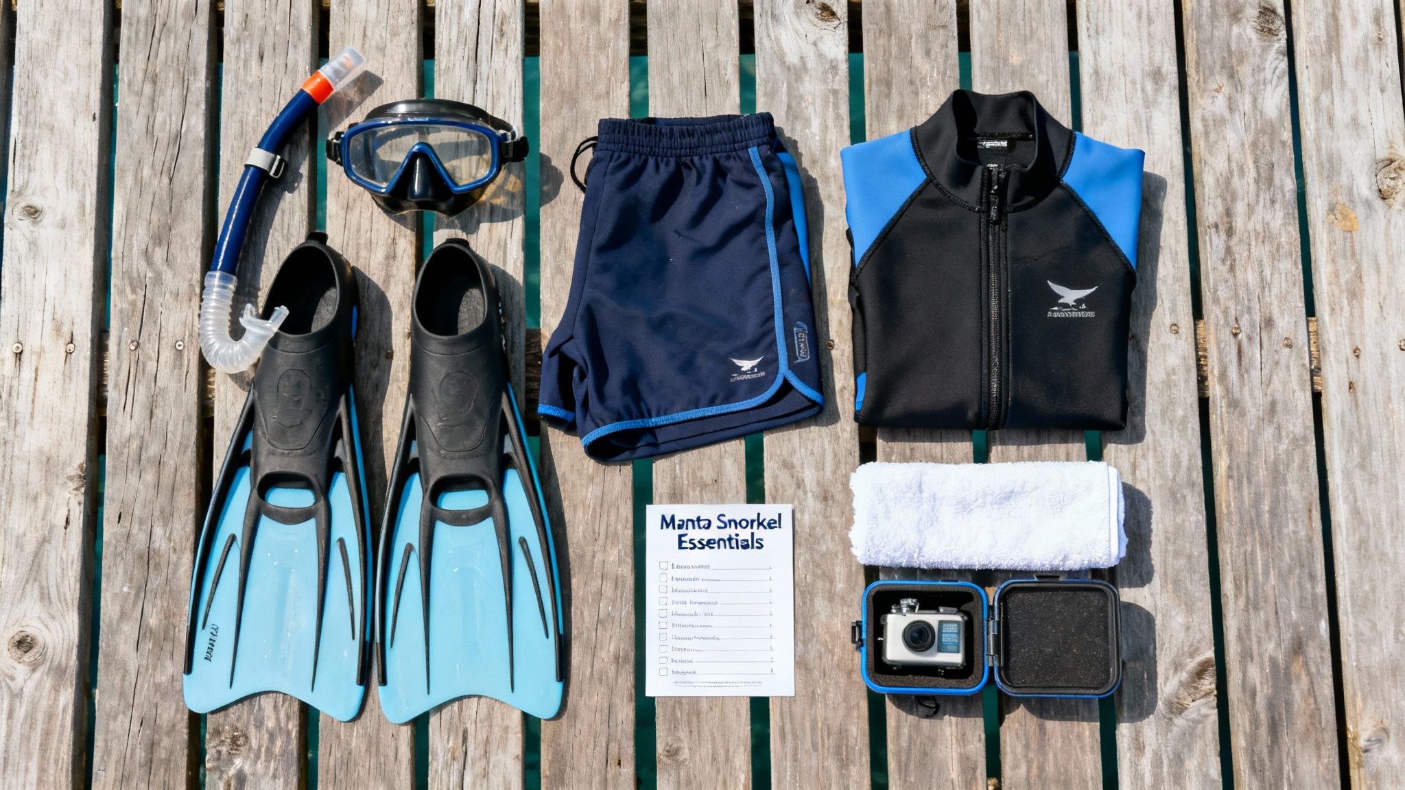 Snorkeling essentials laid out on wooden planks, including fins, mask, snorkel, apparel, towel, and camera.