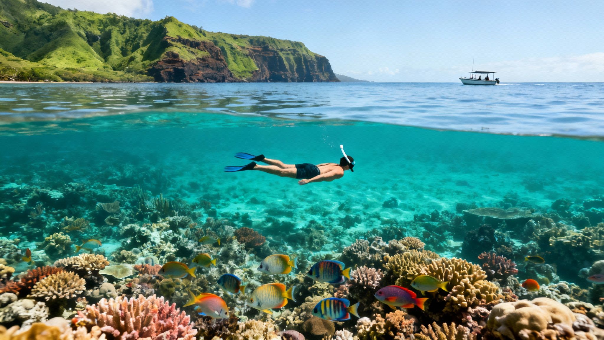 Split shot of a man snorkeling above a vibrant coral reef with tropical fish and island scenery.