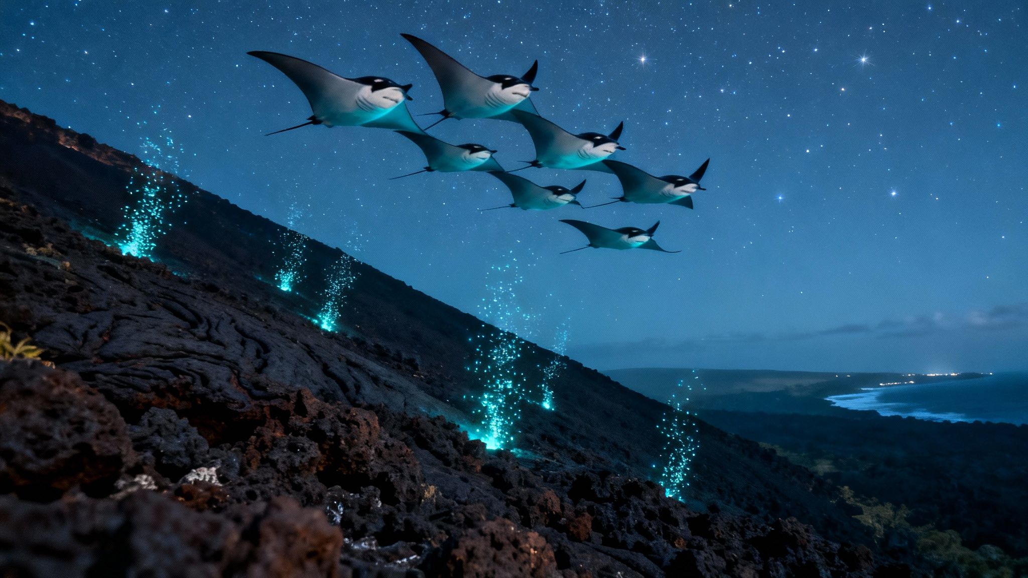 Manta rays flying under a starry night sky above a glowing volcanic landscape and ocean.