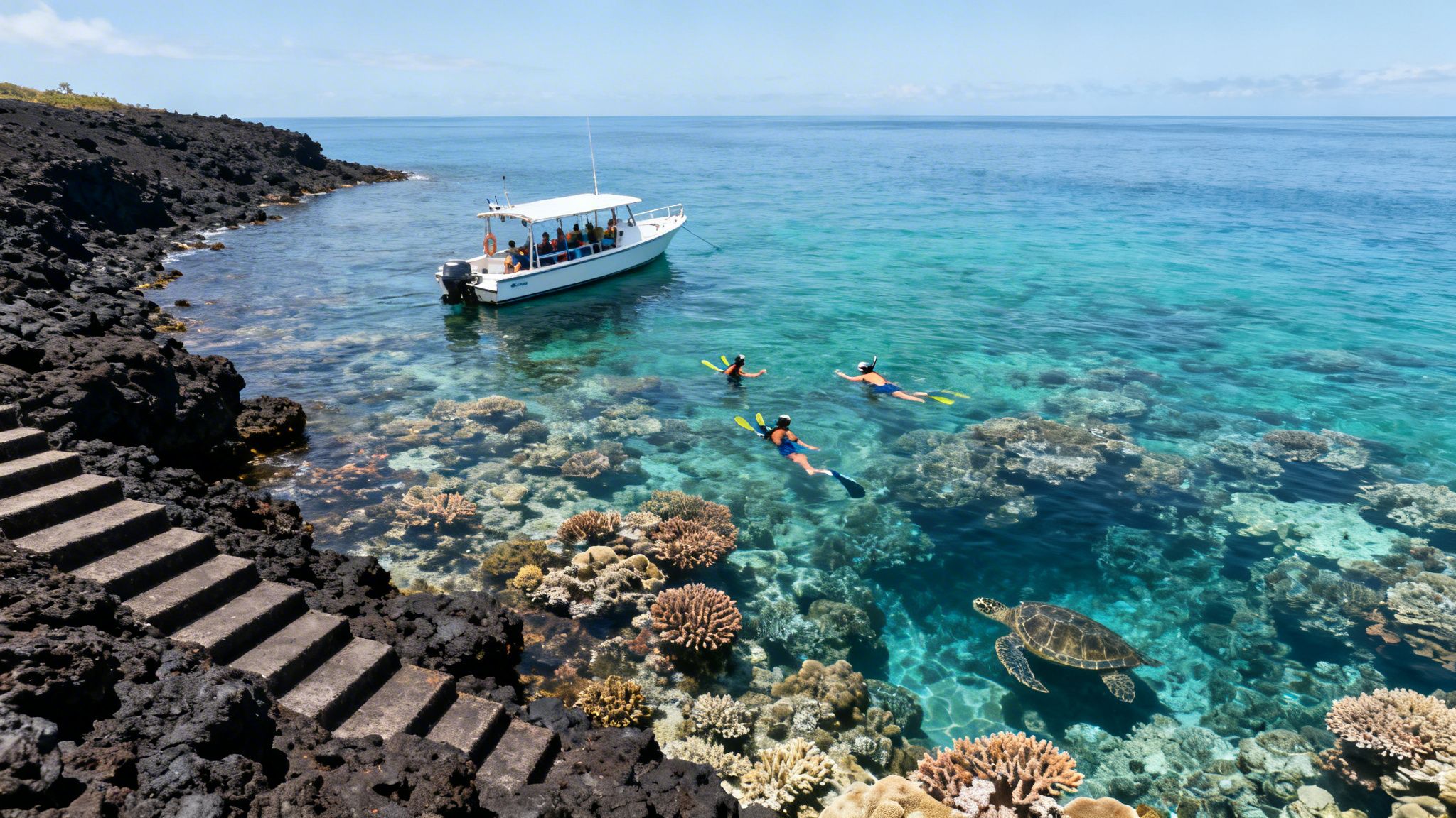 Aerial view of snorkelers, a boat, and a sea turtle near a volcanic coast with clear coral reefs.