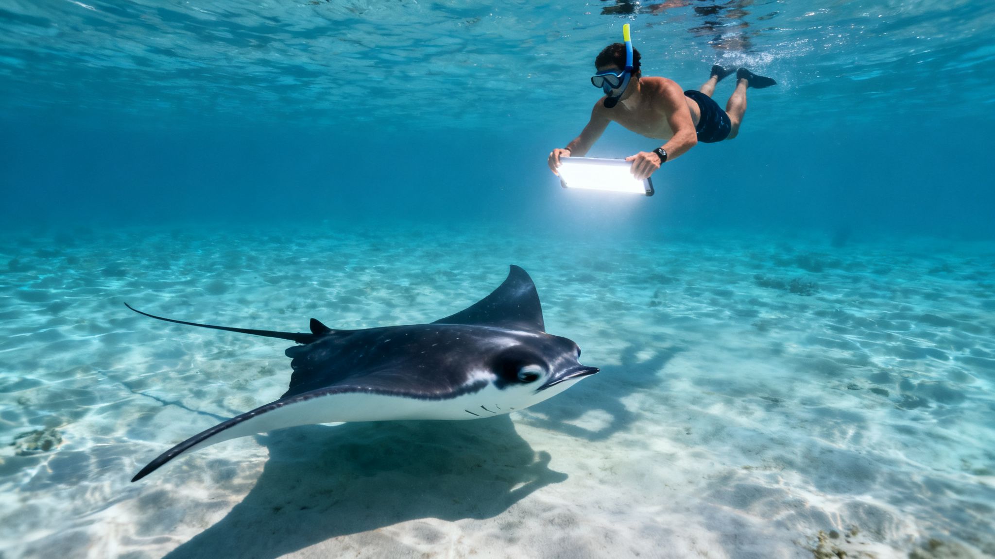 A man in snorkeling gear illuminates a manta ray with a bright light underwater.