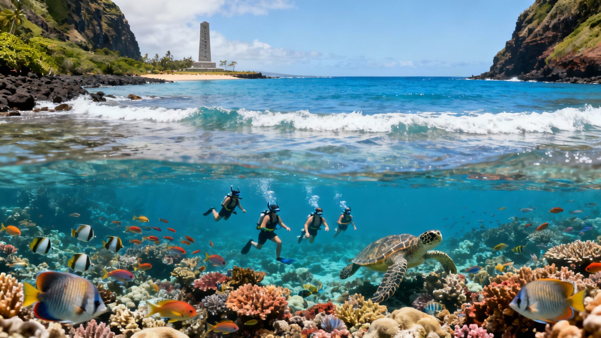 An over/under view of a tropical beach with divers, a sea turtle, and colorful coral reefs.