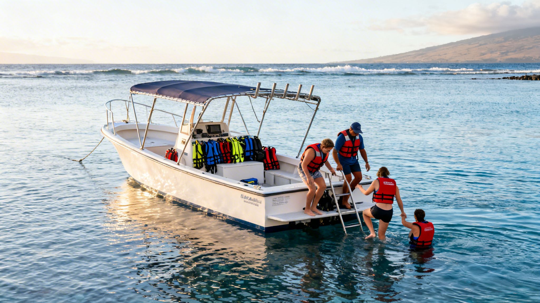 Group of people in life vests entering and exiting a boat for a snorkeling adventure.