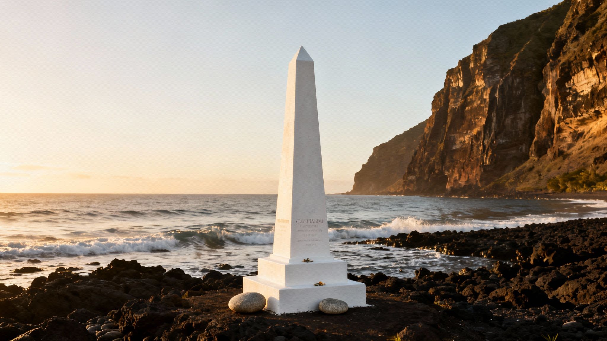A white obelisk stands on a rocky beach at sunset, with ocean waves and dramatic cliffs.
