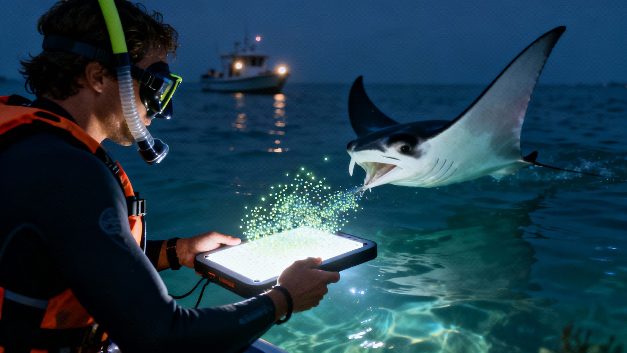 A person in snorkel gear holds a glowing tablet underwater attracting a manta ray at night.