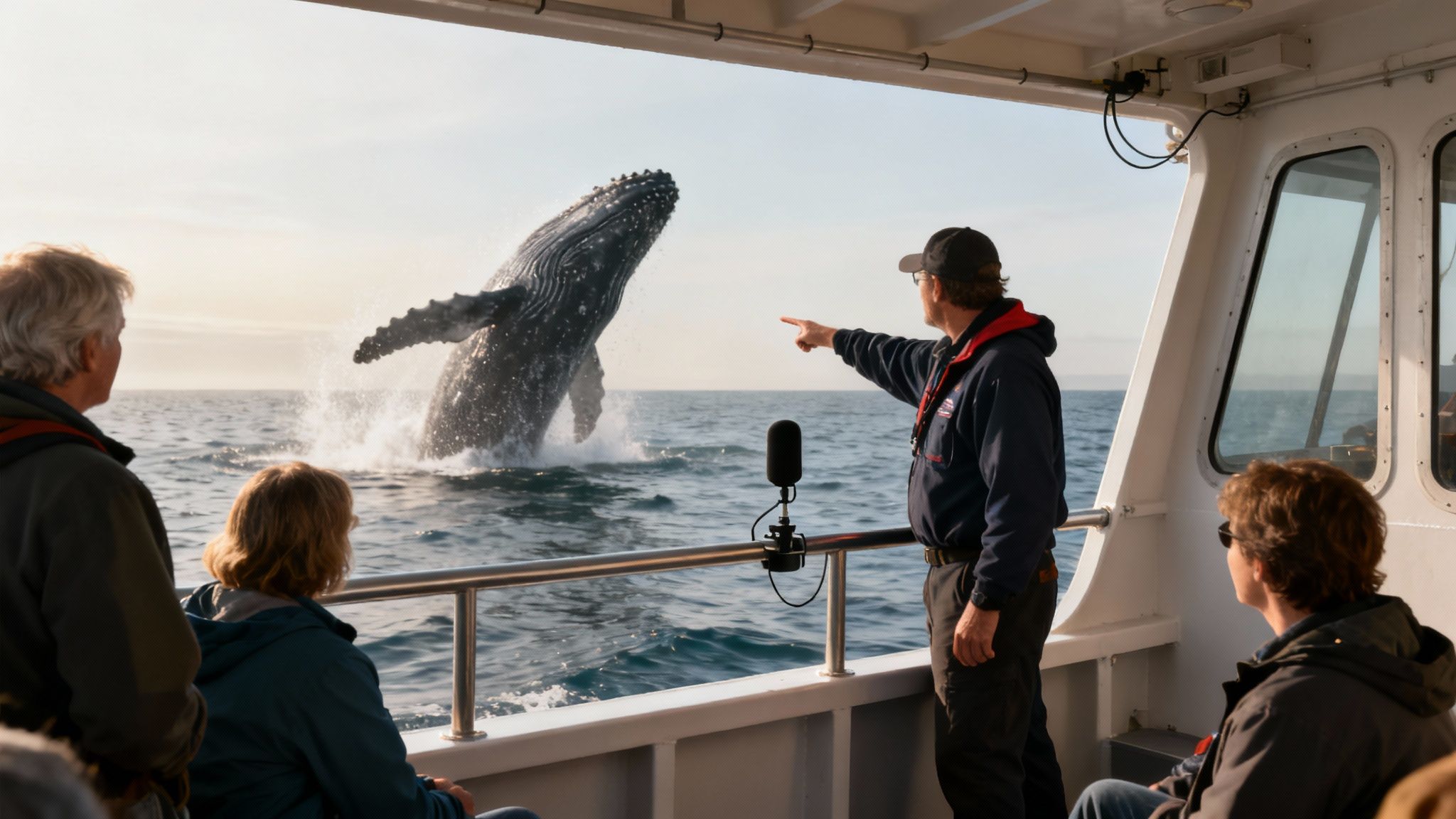 A group of tourists on a boat watching a breaching humpback whale off the coast of Kailua Kona