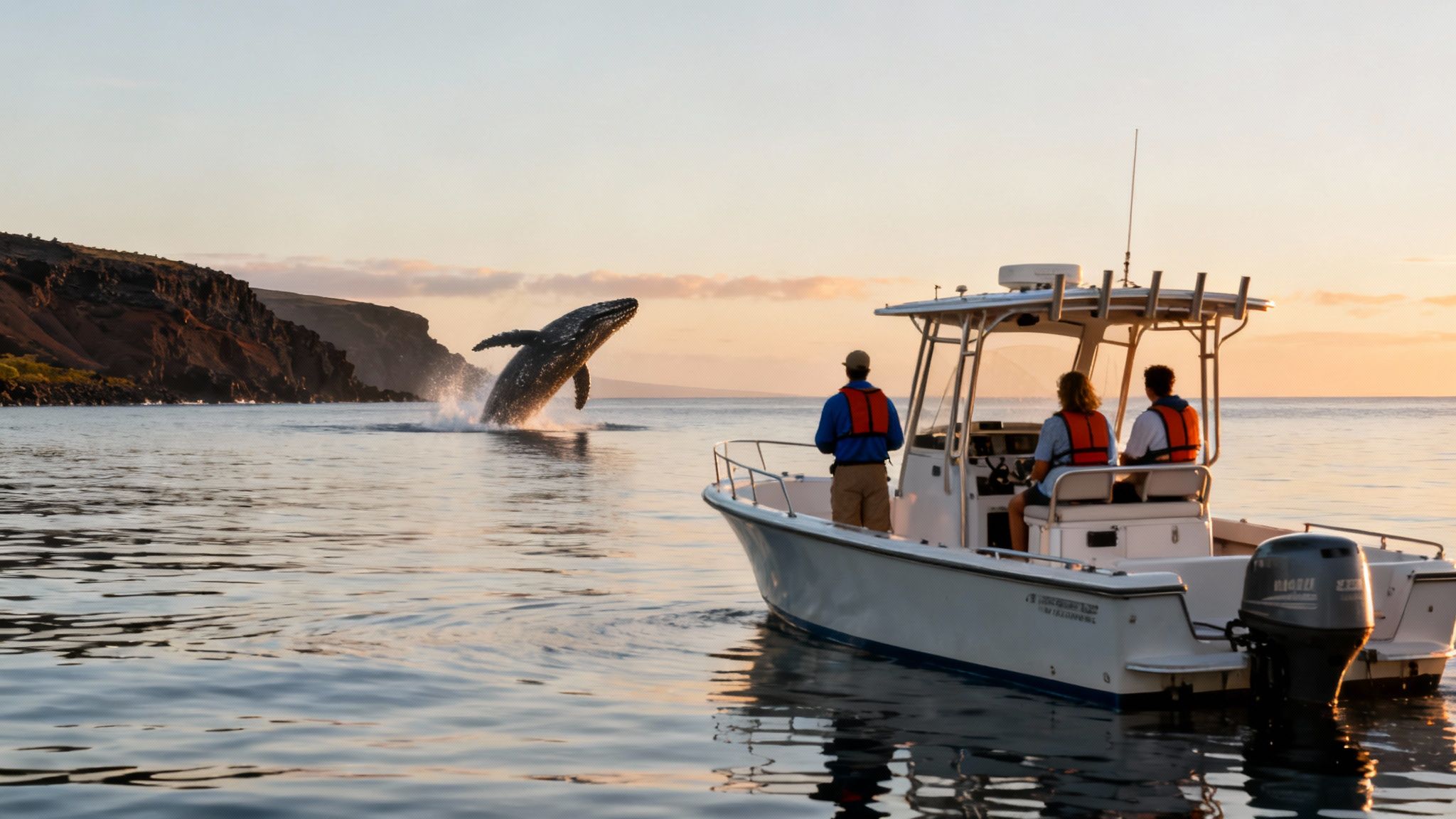 A majestic humpback whale breaches high out of the ocean near a small boat at sunset.