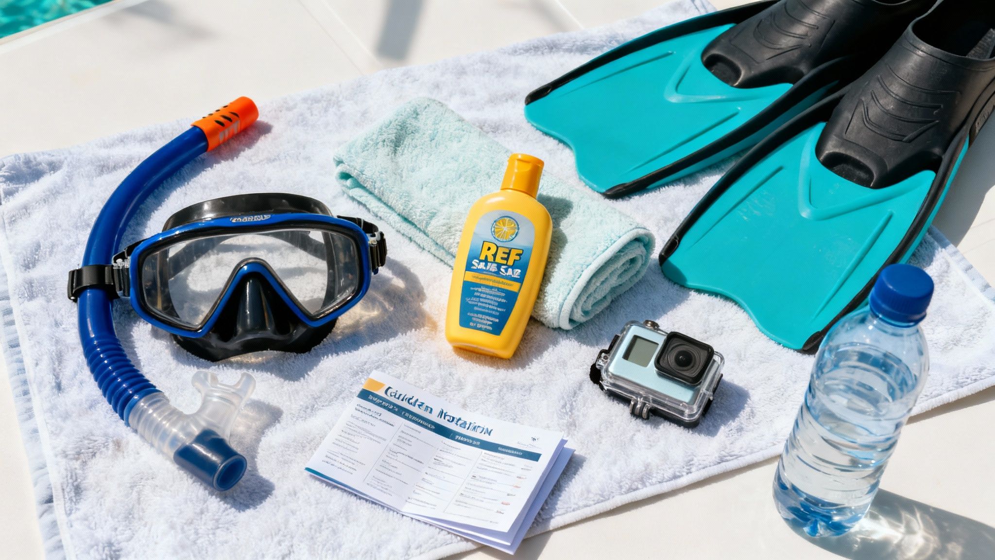 Snorkeling gear including mask, snorkel, fins, sunscreen, water bottle, and camera on a towel.