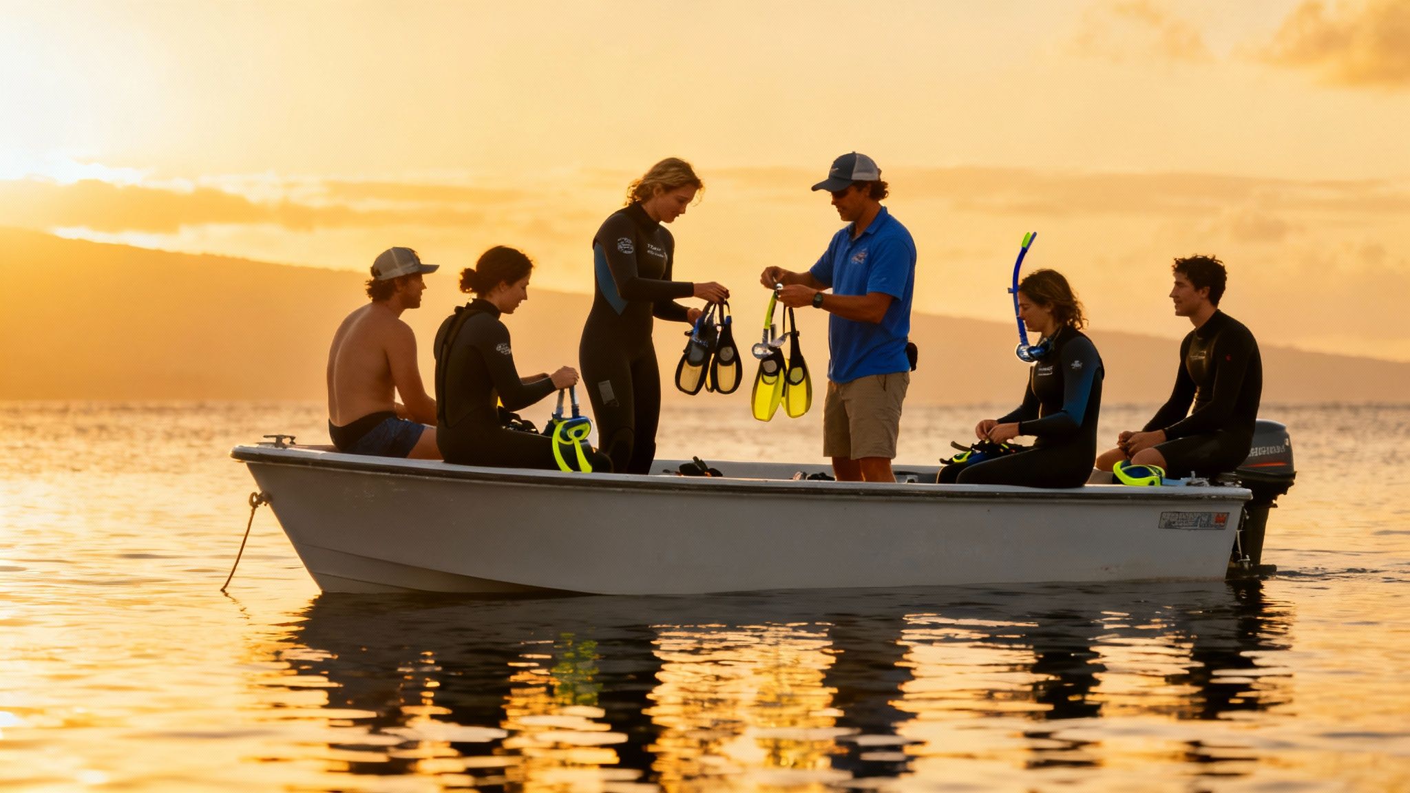 Six snorkelers in a boat at golden hour, preparing their gear for an ocean adventure.