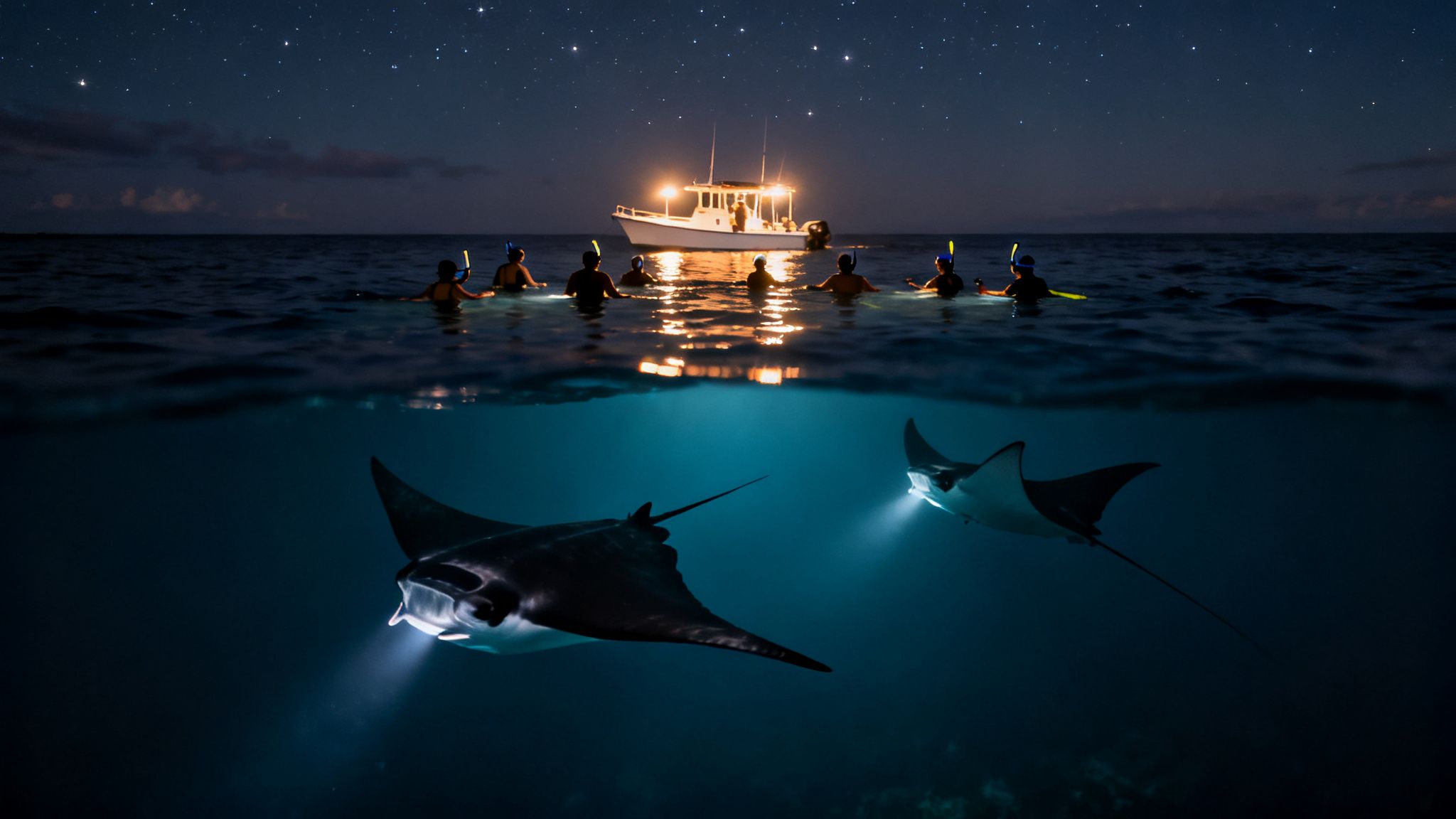 People snorkeling at night under a starry sky with a boat, observing illuminated manta rays underwater.