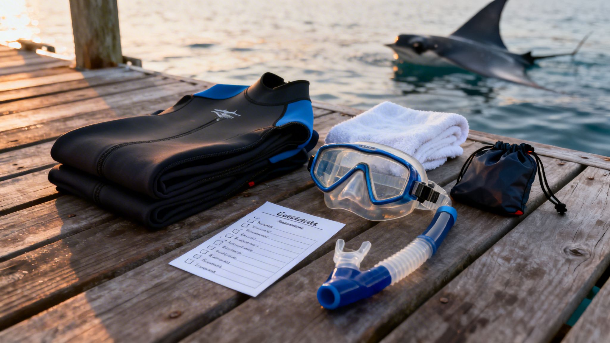 Snorkeling gear, including a wetsuit, mask, and snorkel, laid on a dock with a manta ray.