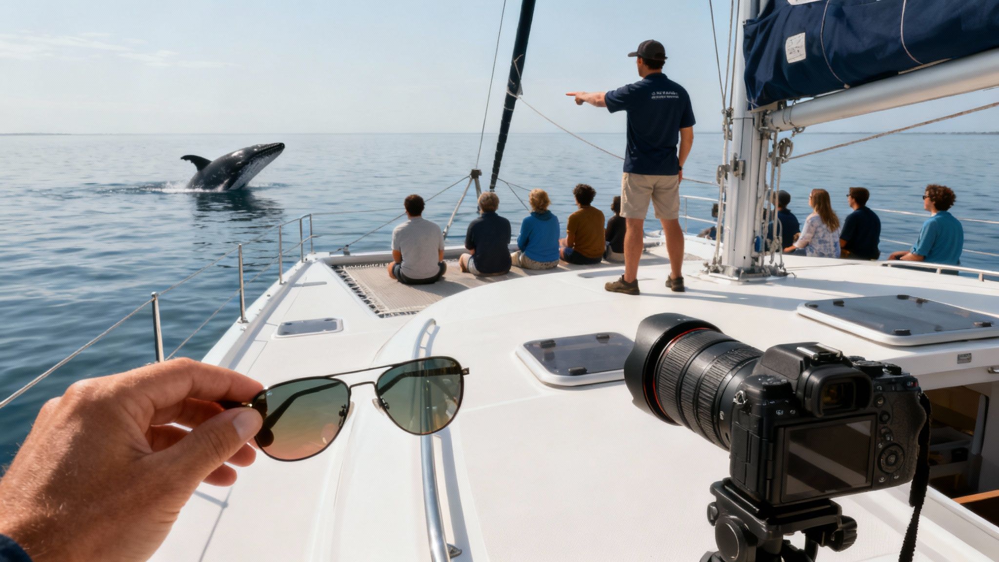 A person on a boat taking a photo of a breaching whale