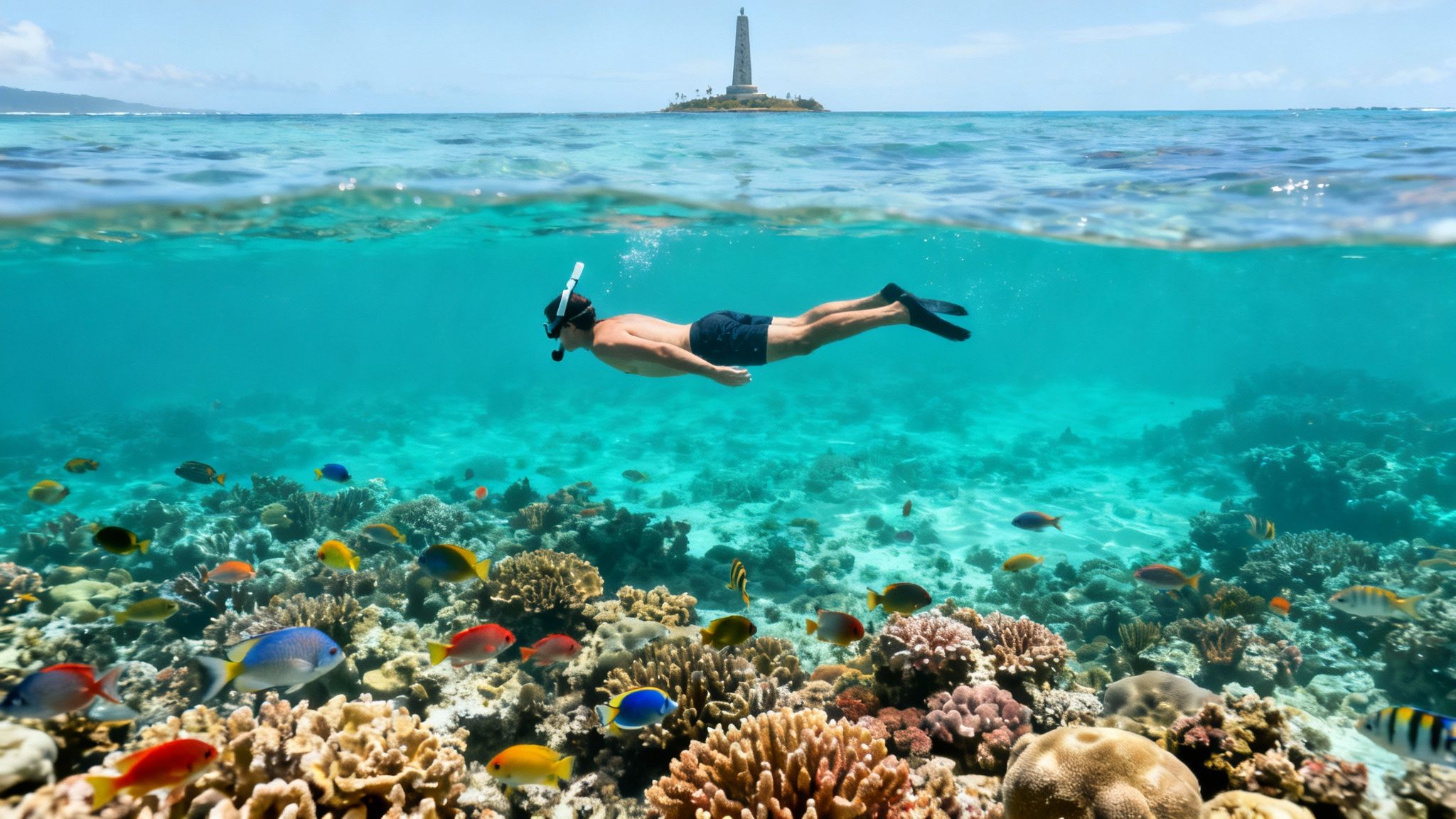 A person snorkeling above a vibrant coral reef filled with colorful fish, with an island and lighthouse above water.
