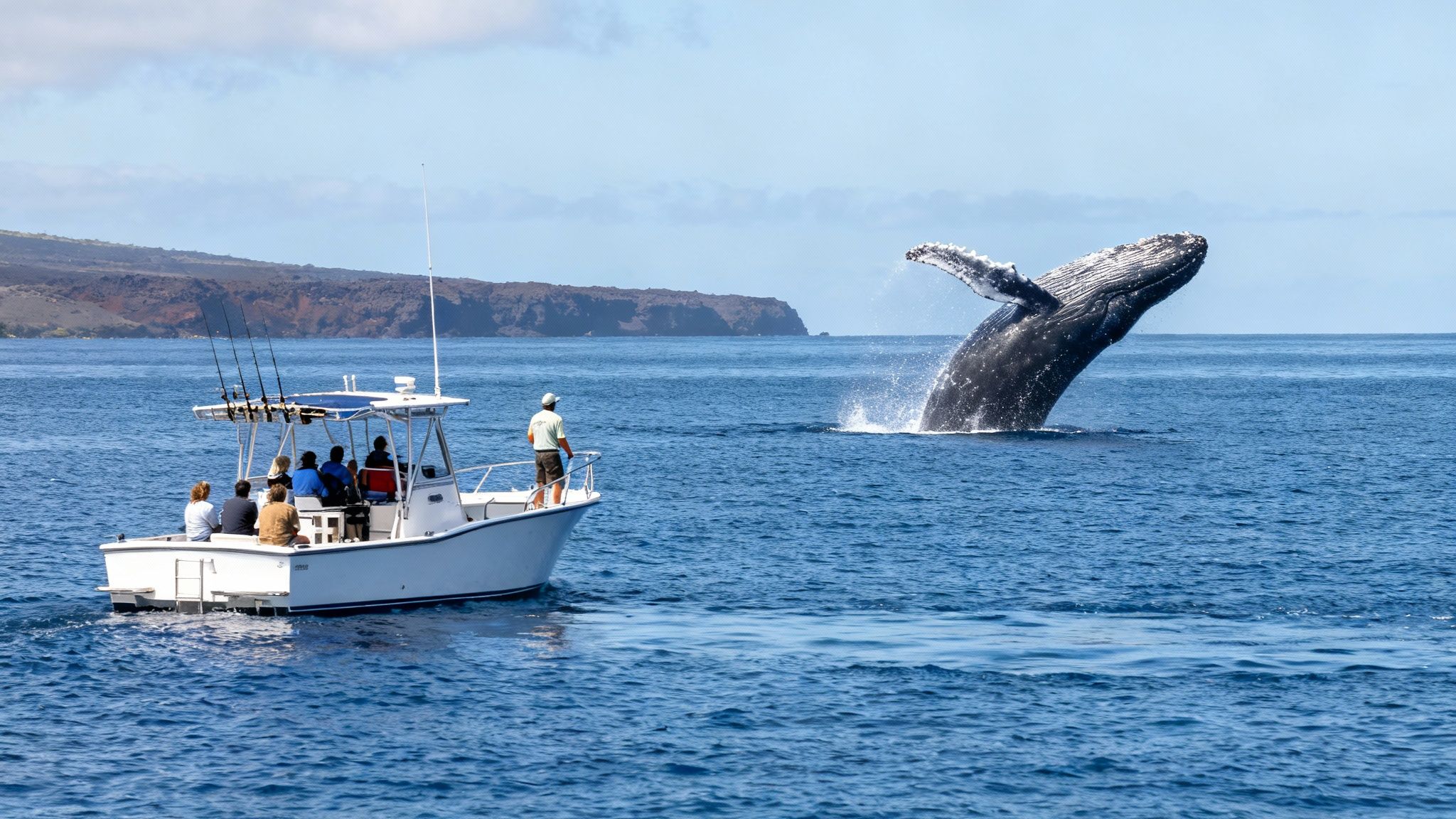 People on a boat watch a humpback whale leap out of the blue ocean near an island.