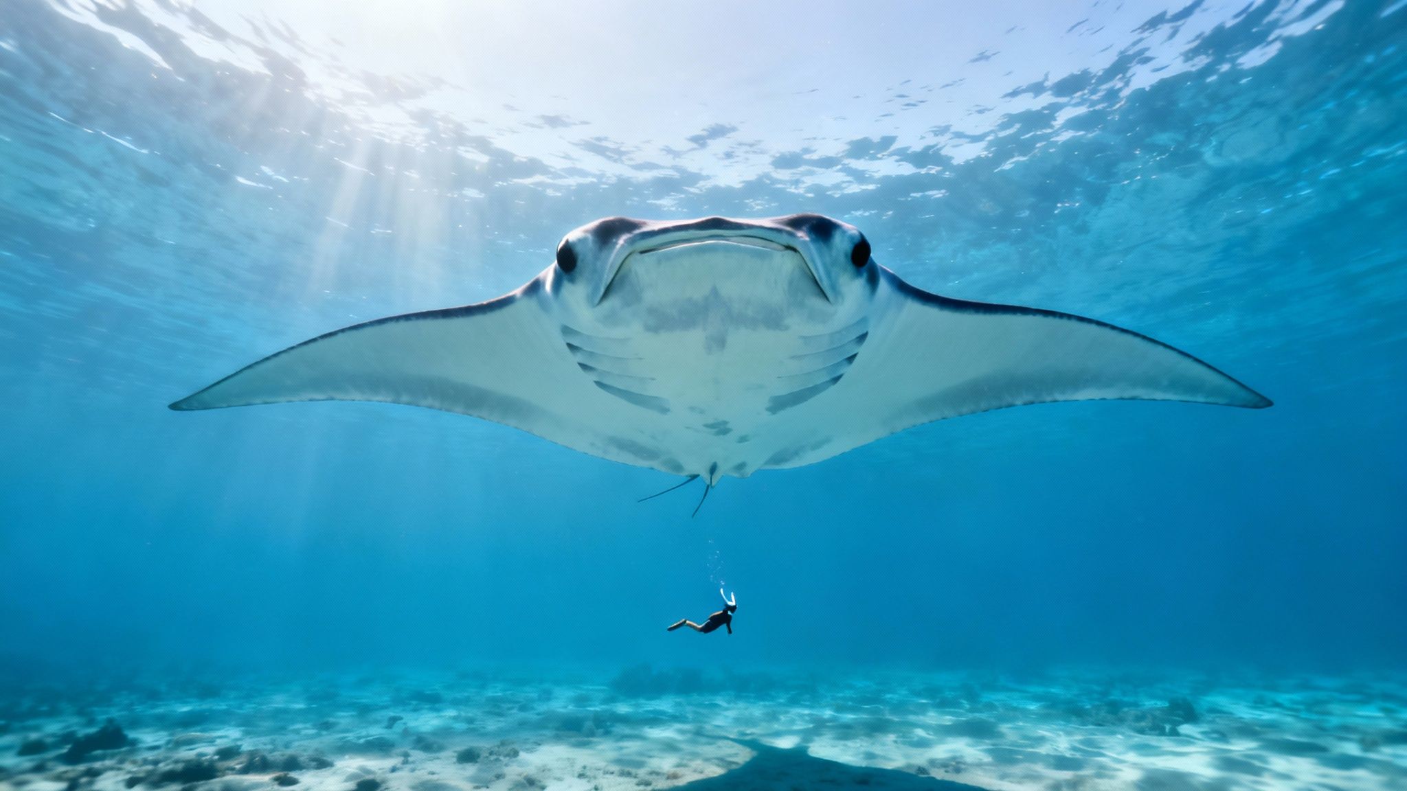 A majestic manta ray swims above a diver in sunlit blue ocean water, viewed from below.