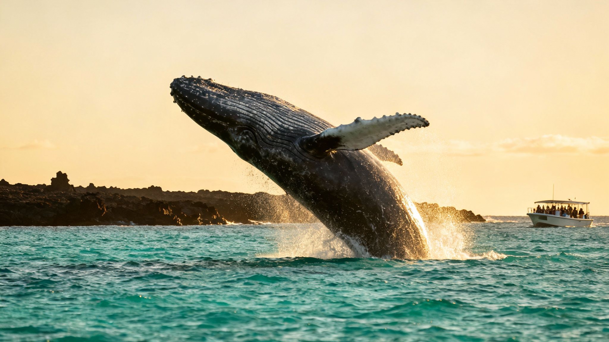 A majestic humpback whale breaches out of sparkling turquoise water against a golden sunset, near a whale watching boat.
