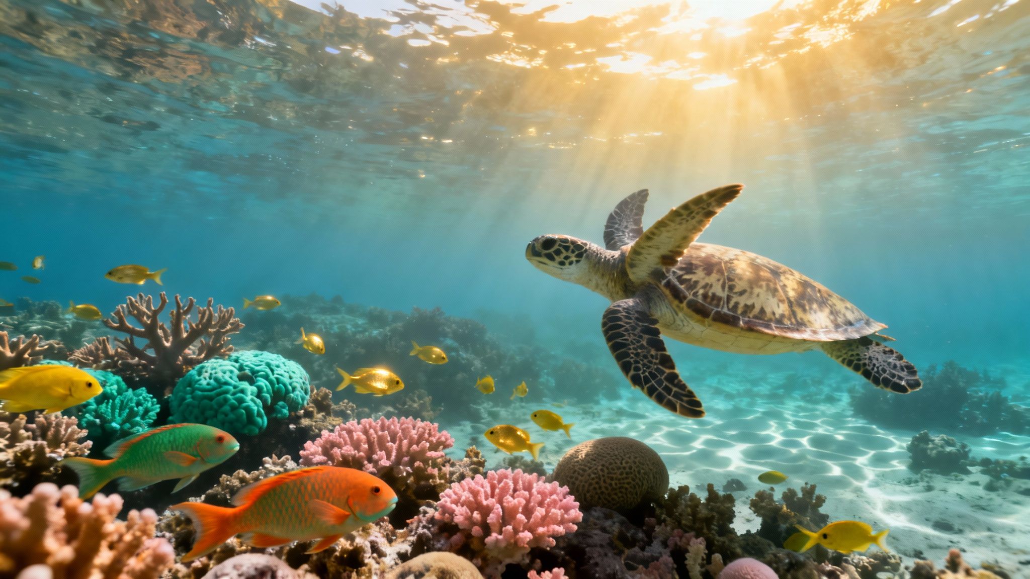 Vibrant underwater scene with a green sea turtle swimming over a colorful coral reef and fish.