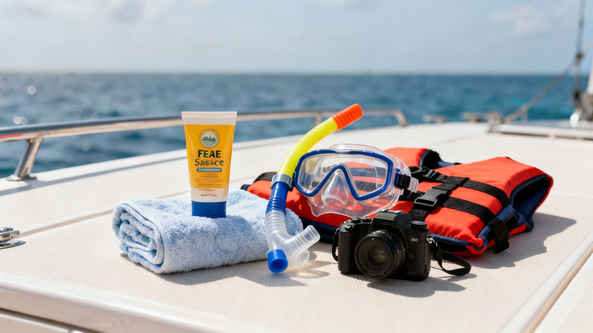 Snorkeling gear, sunscreen, camera, and life vest laid out on a boat deck overlooking the ocean.