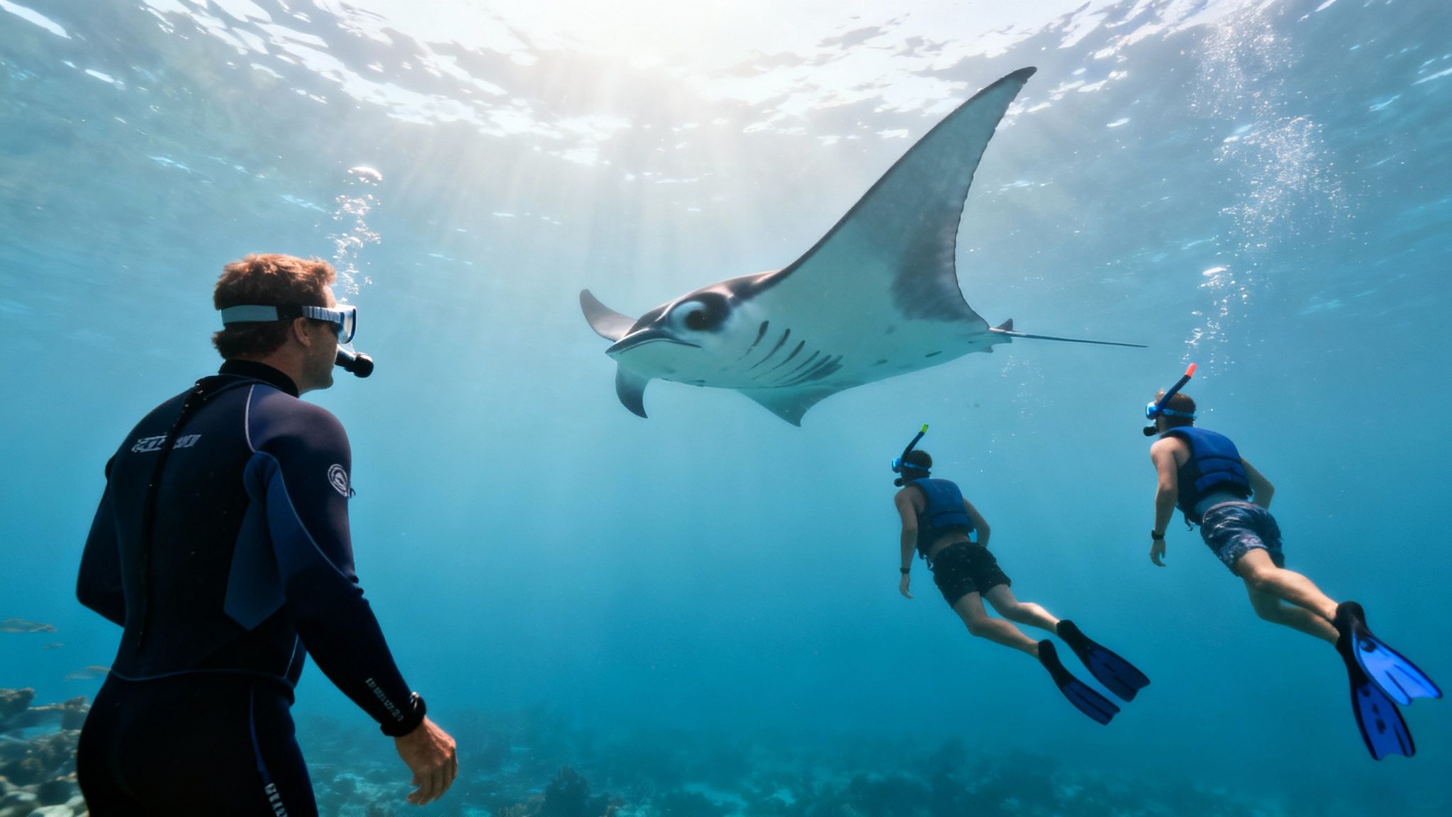 Three snorkelers in clear blue ocean water observing a large manta ray swimming overhead.