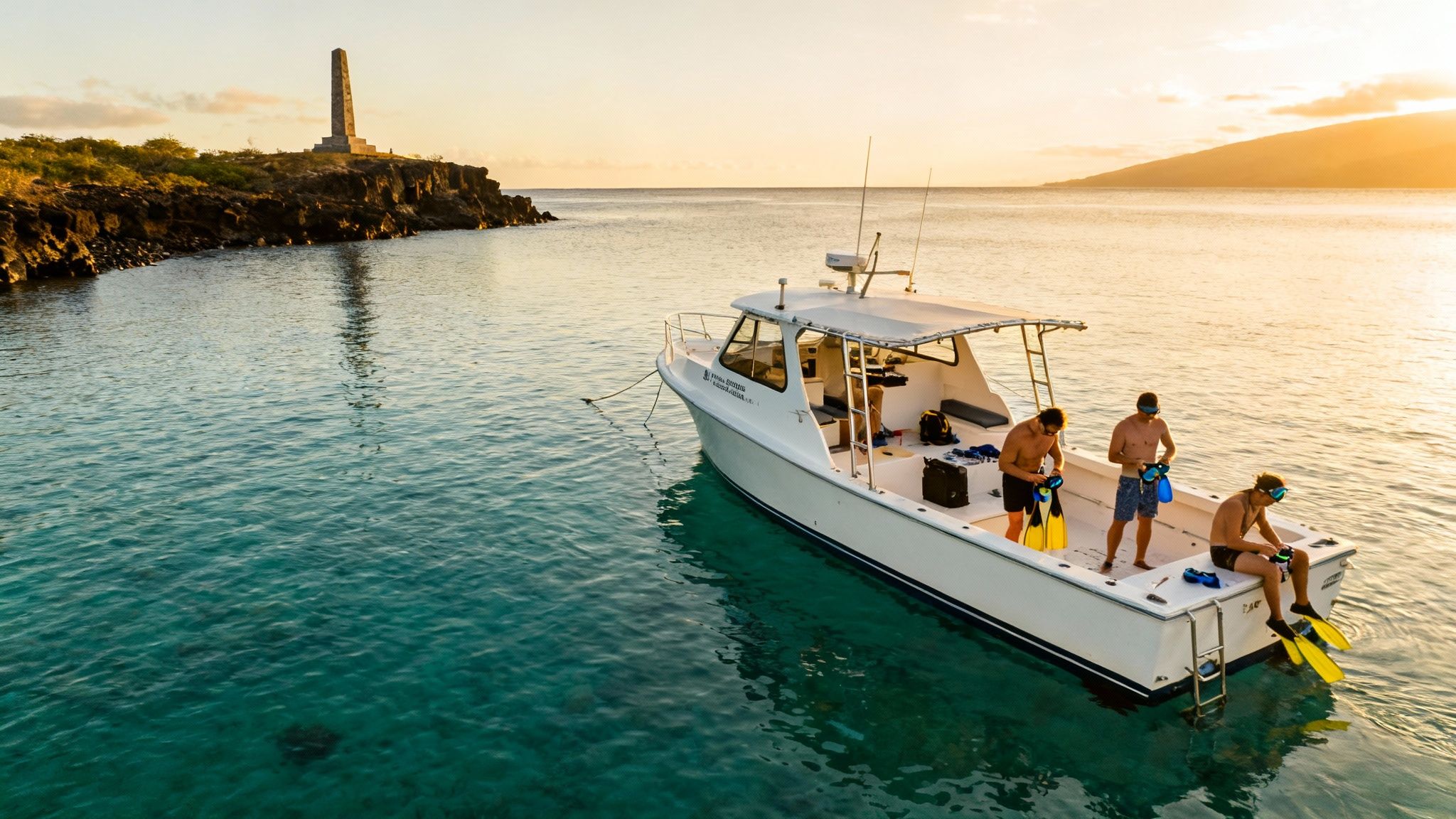 Three men on a boat prepare for snorkeling at sunset, with a historic monument on the distant coastline.