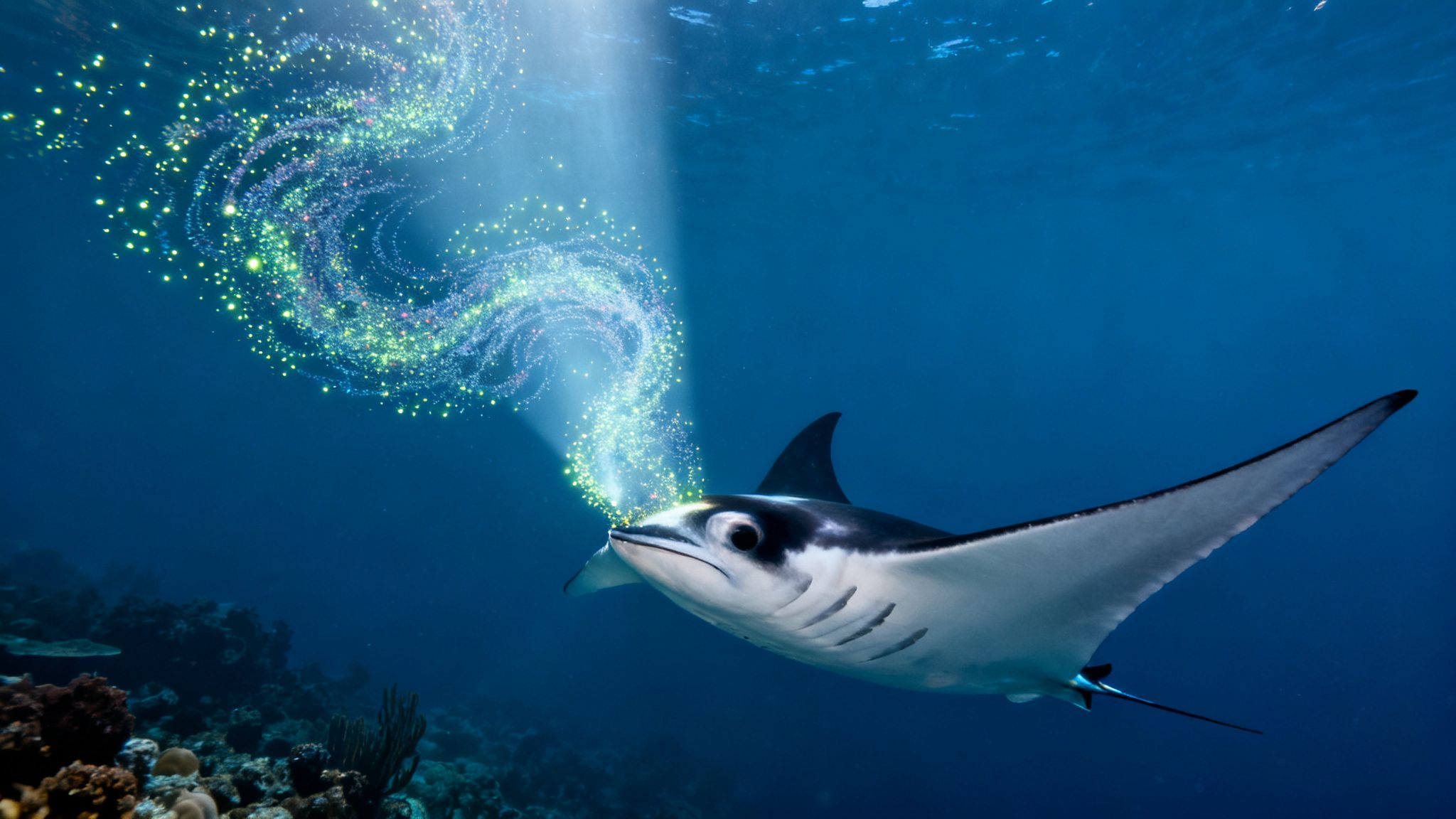 A majestic manta ray swims underwater, emitting a stream of luminous, swirling particles from its mouth, with coral reefs in the background.
