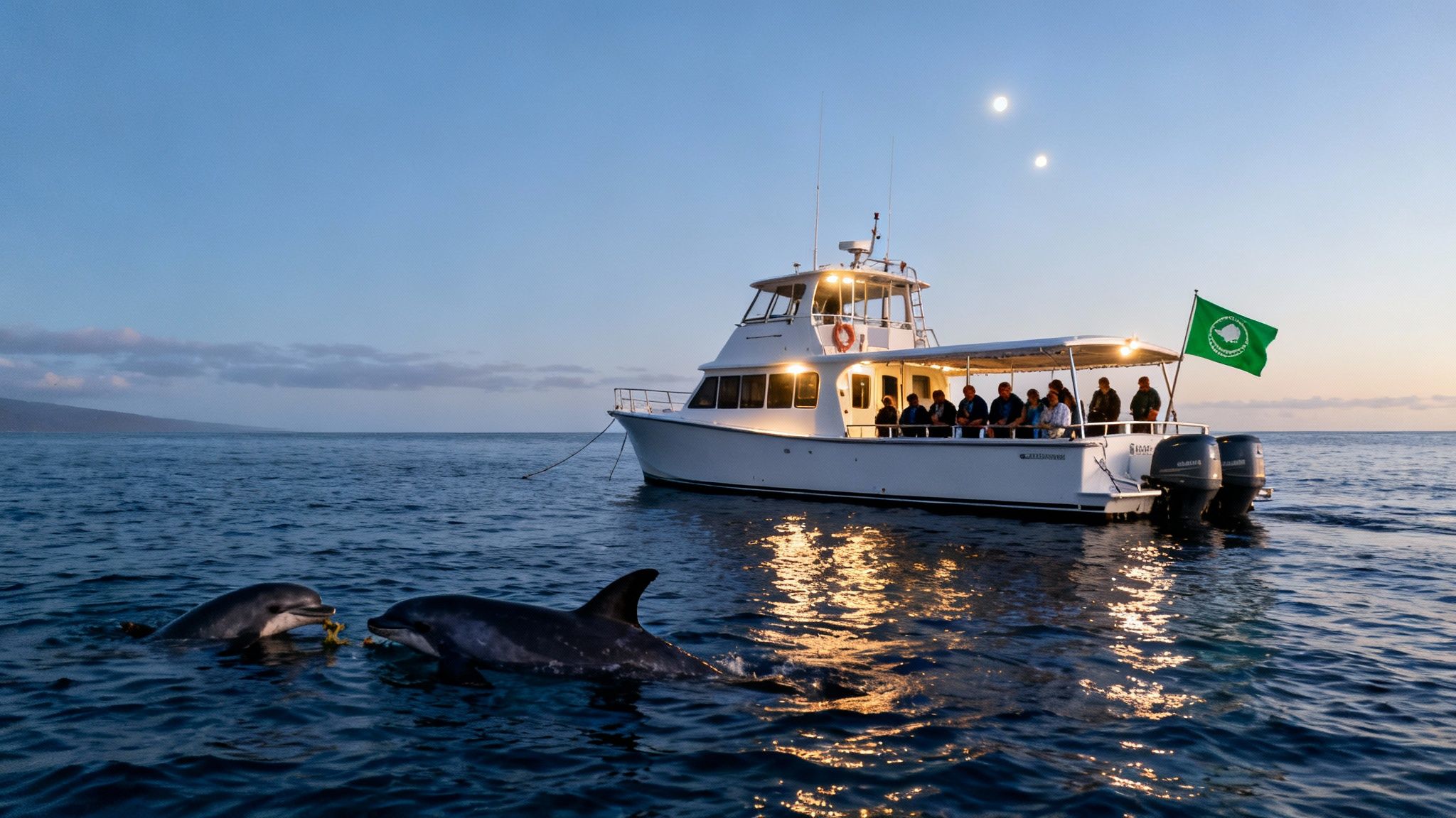 Dolphins play near a lit boat with people watching under a twilight sky with two bright celestial objects.