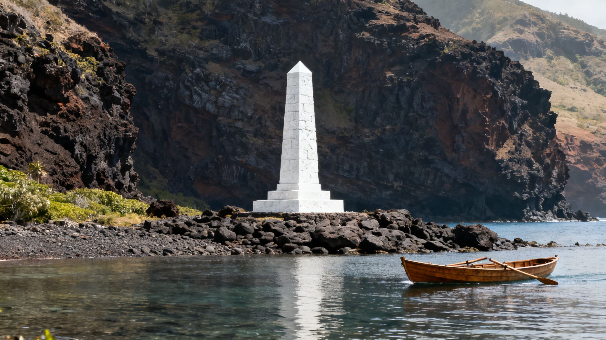 A white obelisk stands on a rocky shore with a wooden rowboat in clear bay waters, flanked by dark cliffs.