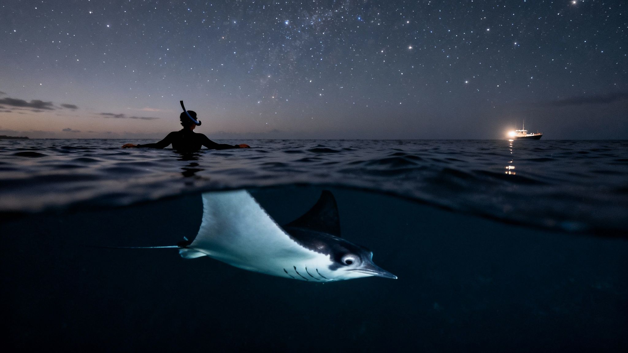 An over/under photo of a snorkeler and a manta ray at night under a starry sky with a boat.