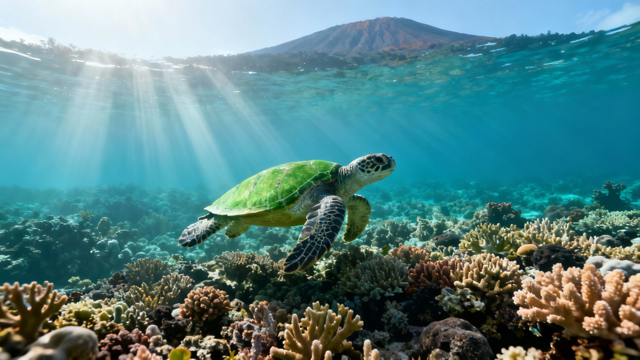 A green sea turtle swims gracefully over a vibrant coral reef with sunrays and a mountain above water.