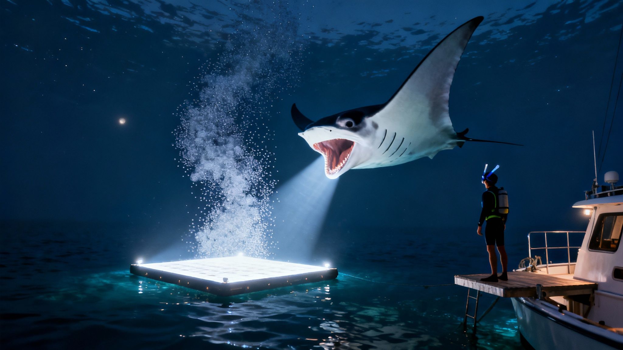 A diver on a boat watches a giant manta ray feeding at night, illuminated by underwater lights.