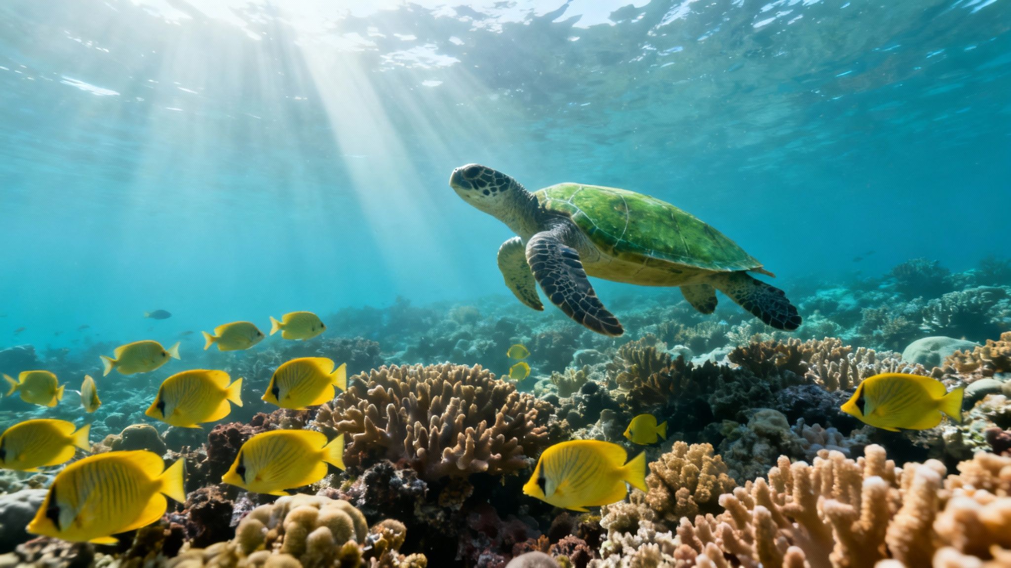 Snorkeler observing a vibrant school of yellow tang fish over a coral reef